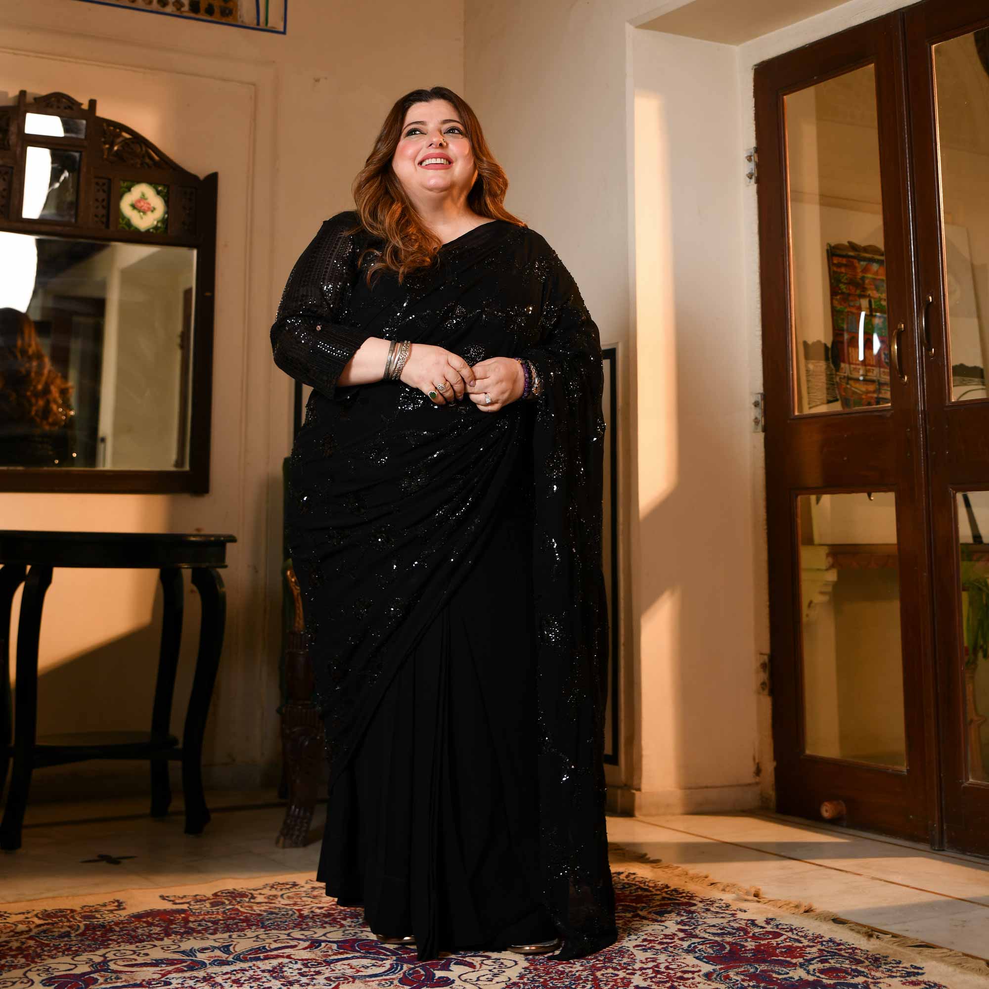 Her Highness- Black Georgette Cutdana & Sequin Embroidered Drape Saree - Image 12
