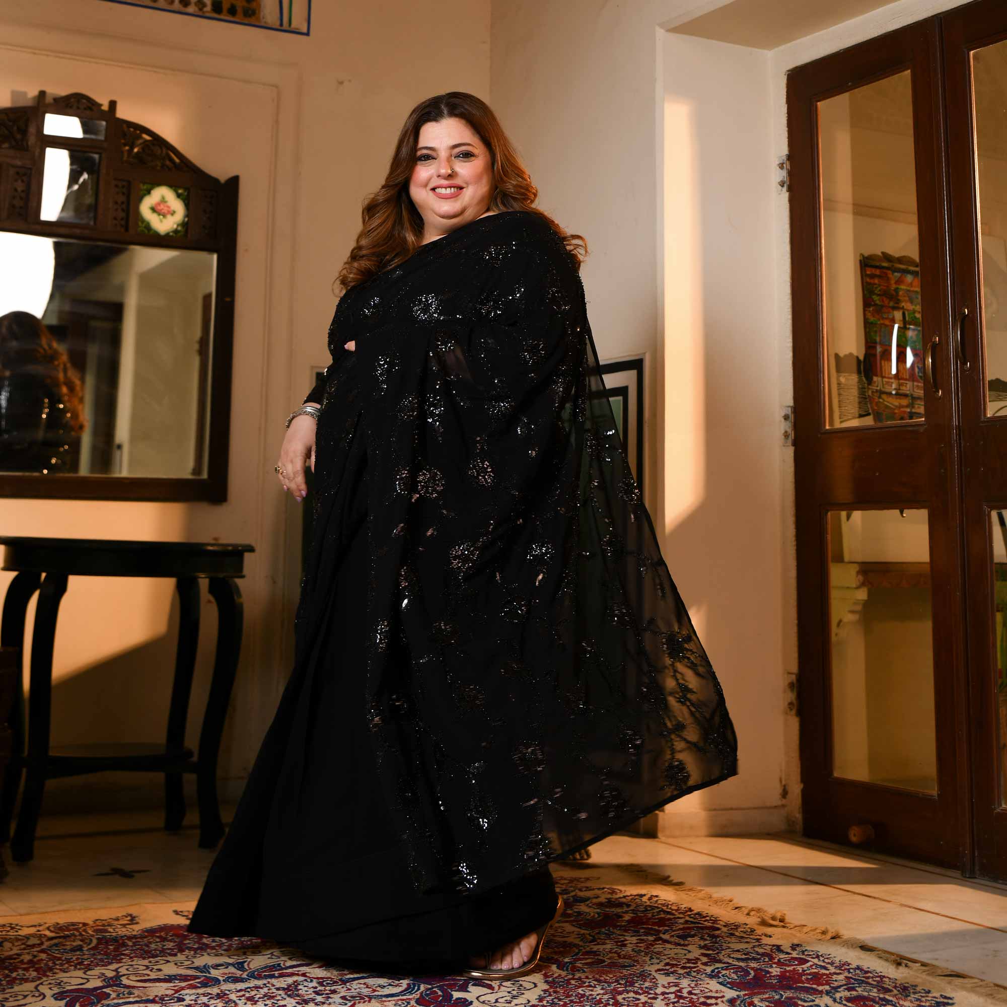 Her Highness- Black Georgette Cutdana & Sequin Embroidered Drape Saree - Image 3