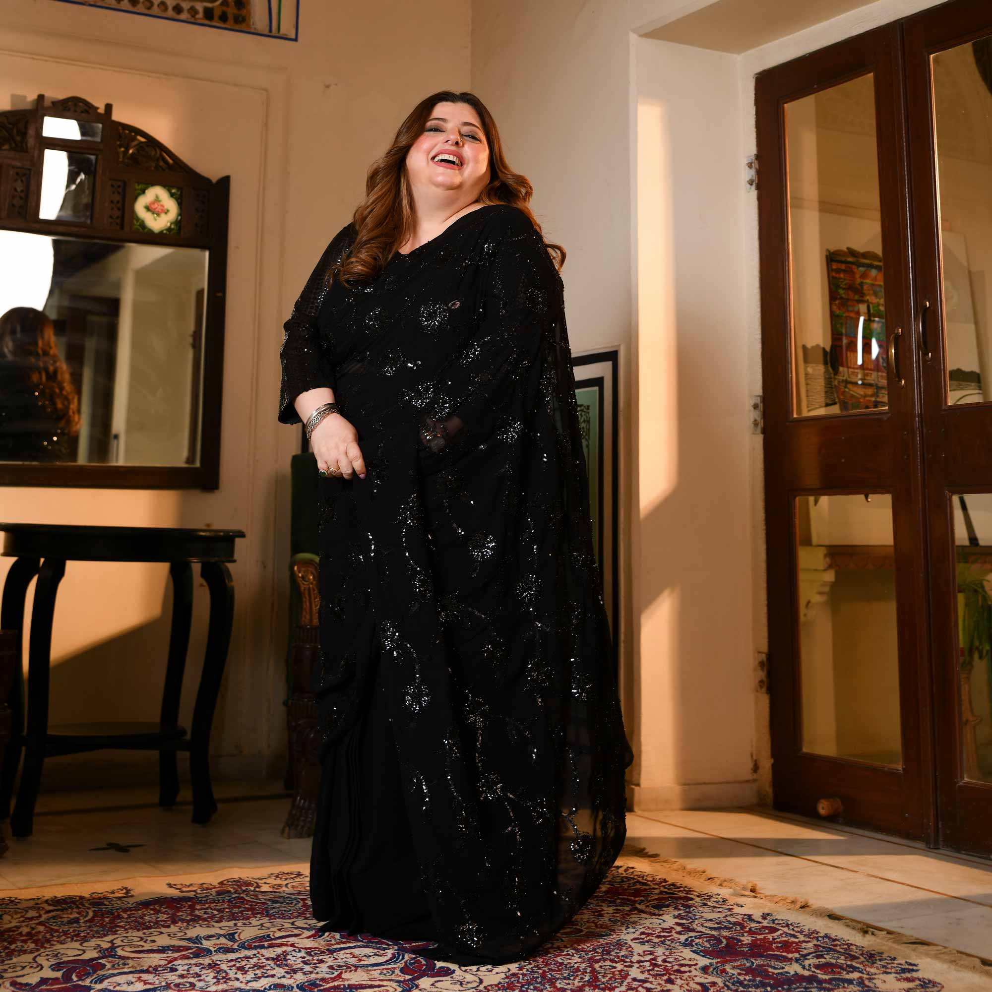 Her Highness- Black Georgette Cutdana & Sequin Embroidered Drape Saree - Image 7