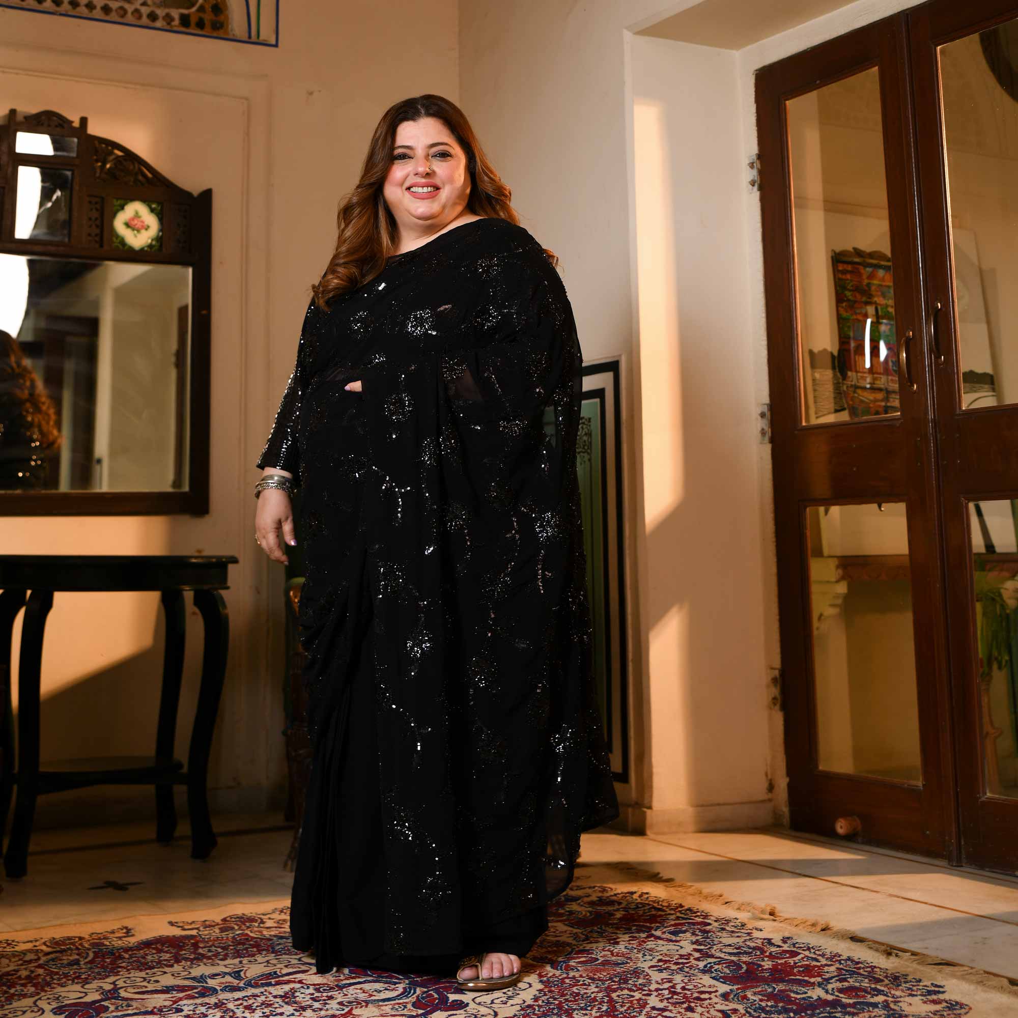 Her Highness- Black Georgette Cutdana & Sequin Embroidered Drape Saree - Image 9