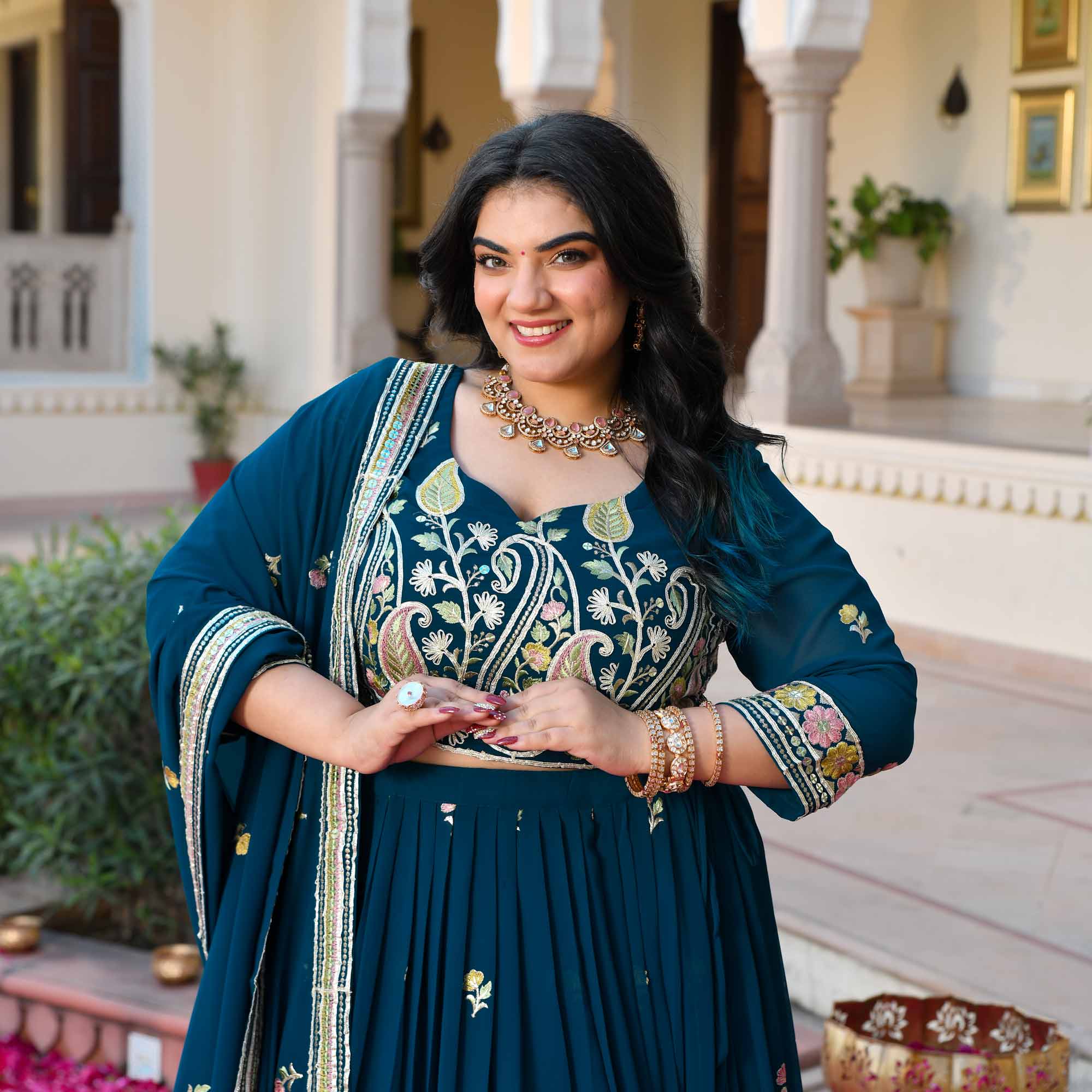 I Said Yes- Prussian Blue Thread & Gota Embroidered Georgette Lehenga Set - Image 2