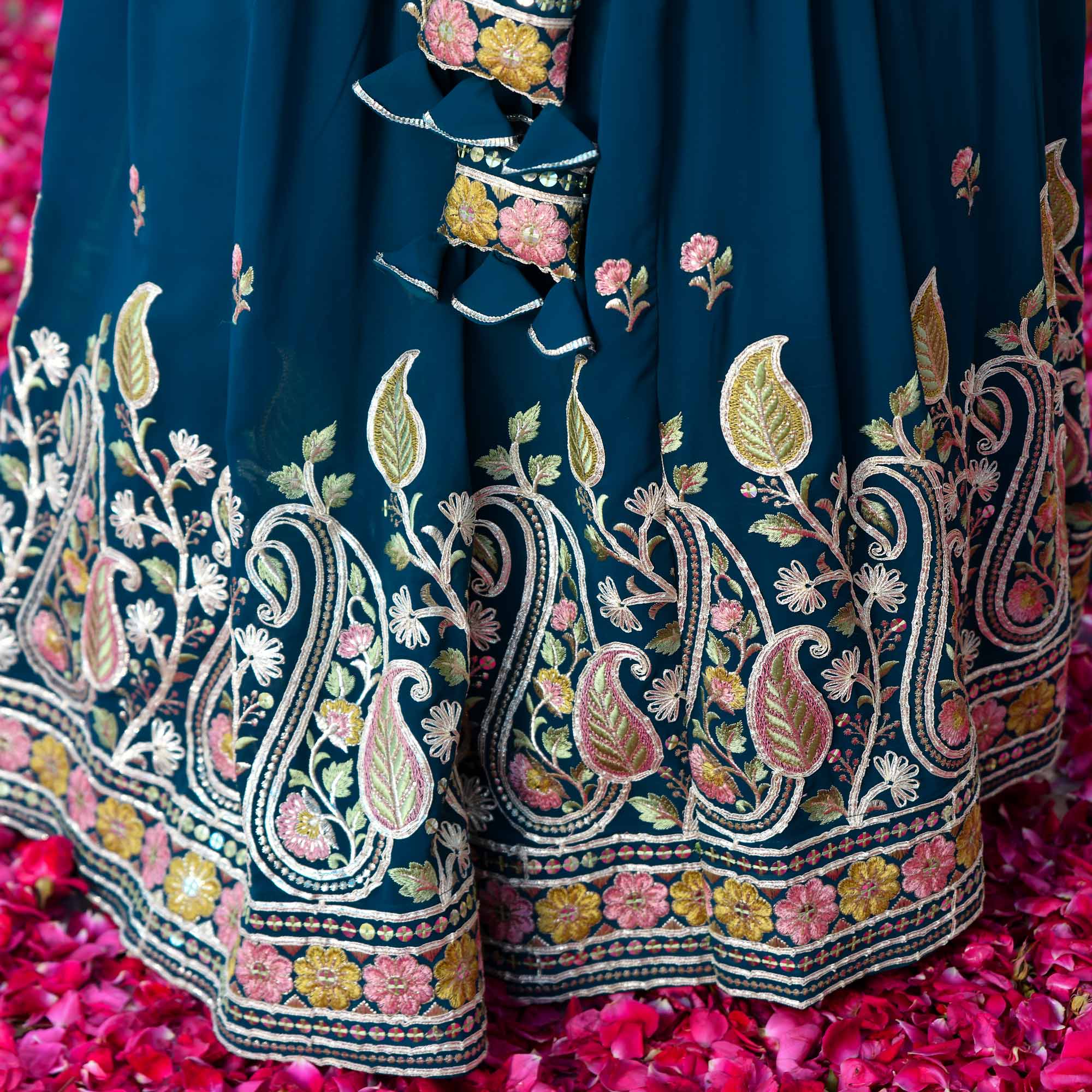 I Said Yes- Prussian Blue Thread & Gota Embroidered Georgette Lehenga Set - Image 8