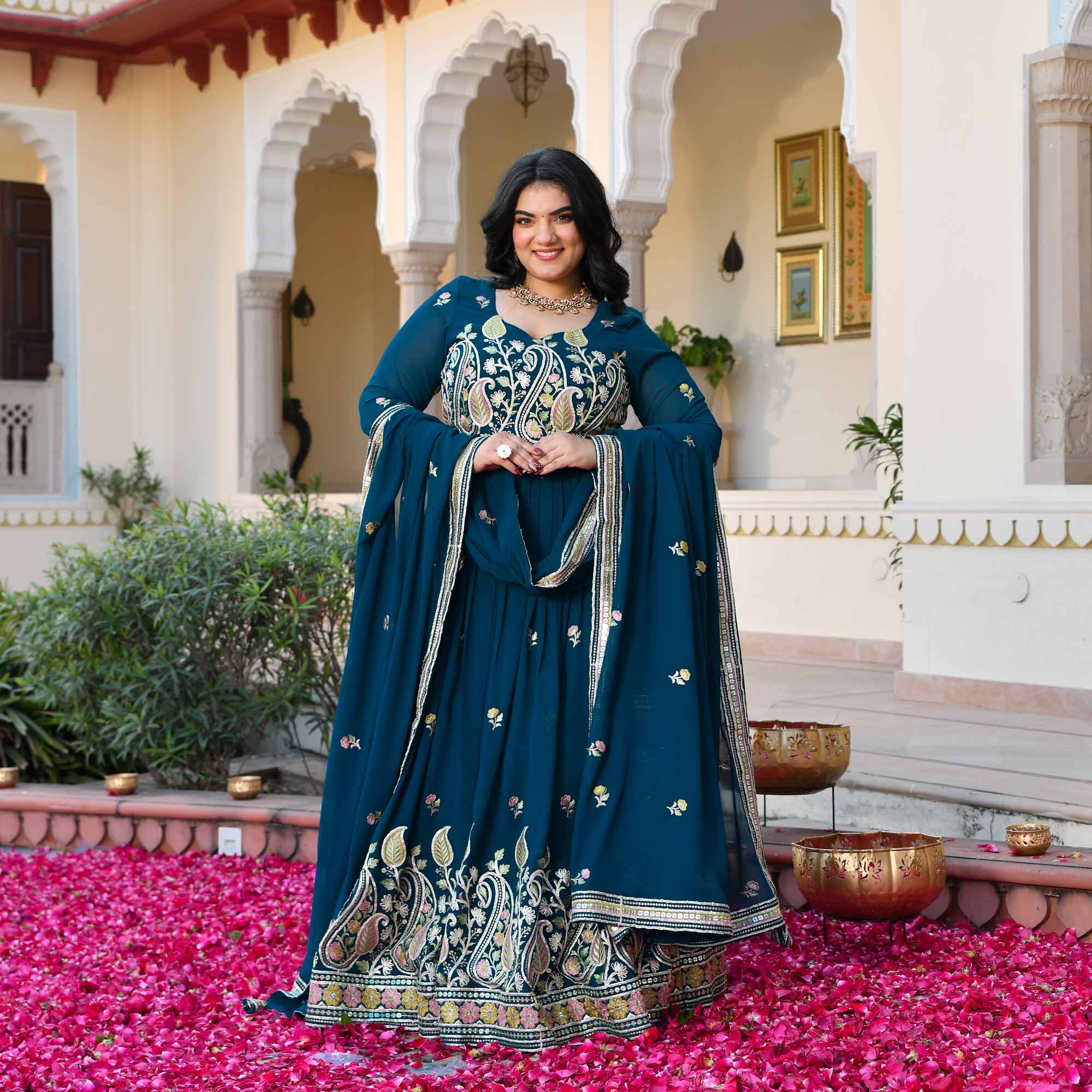I Said Yes- Prussian Blue Thread & Gota Embroidered Georgette Lehenga Set - Image 9