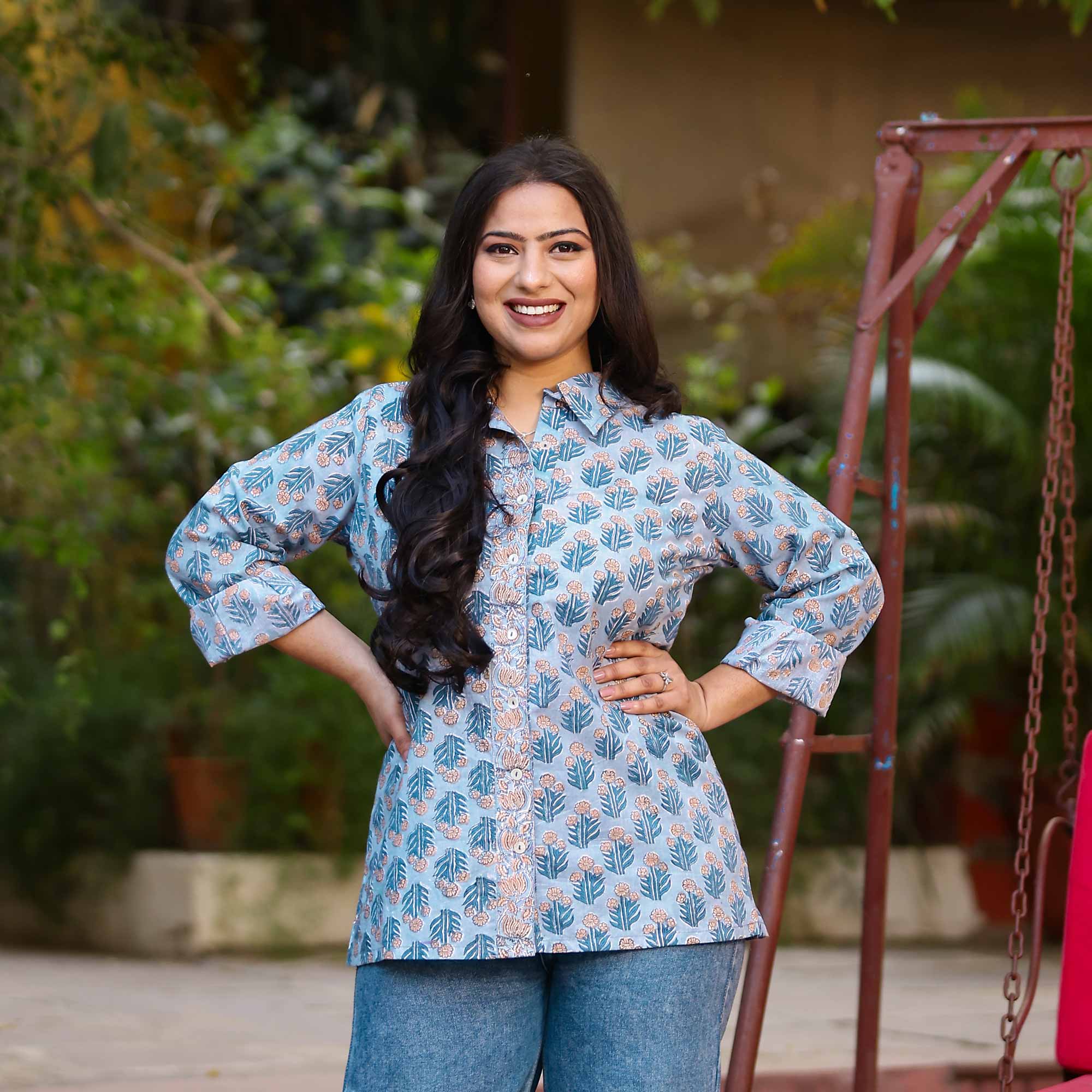 Icy Blue Handblock Printed Cotton Shirt - Image 6