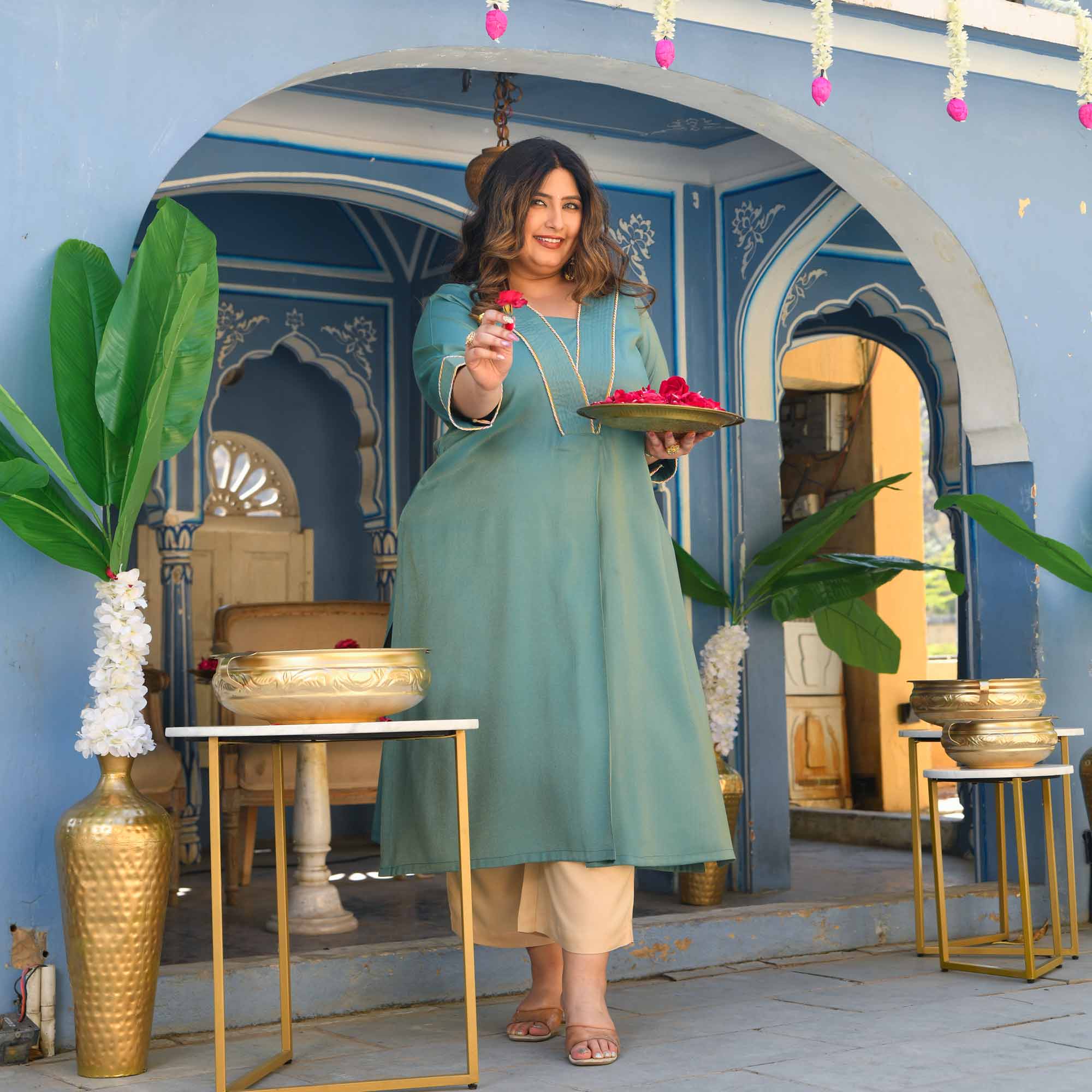 Icy- Turquoise Viscose Tissue A-line Pleated Kurta - Image 8