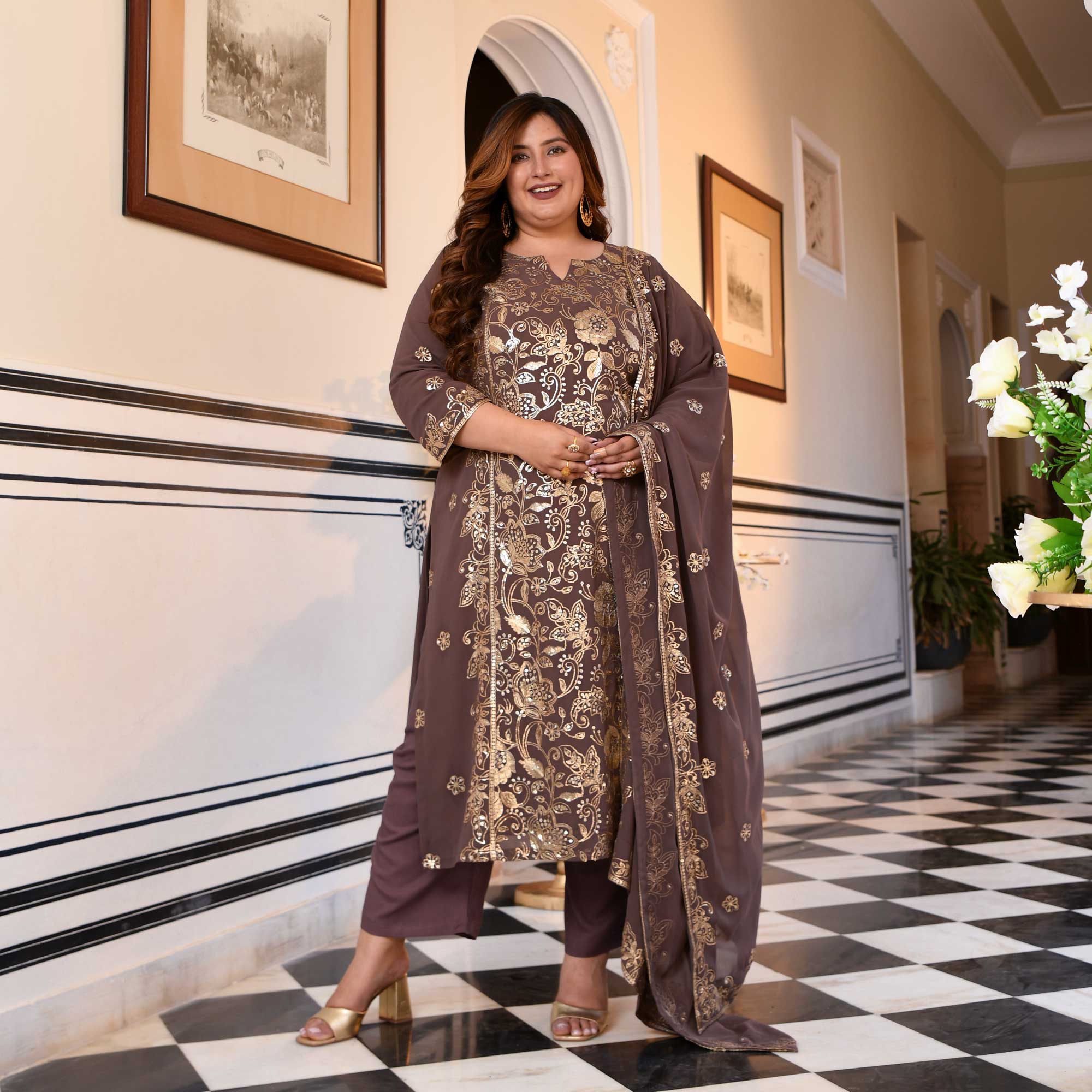 Ishani - Dusky Mauve Sequin Embroidered Georgette Suit Set - Image 5