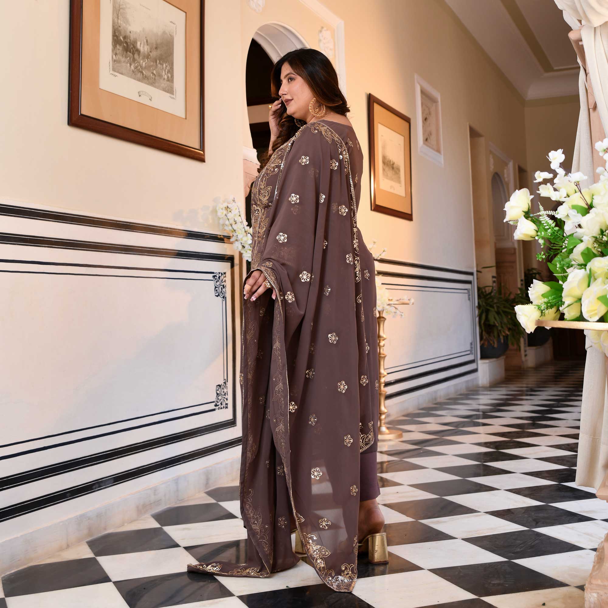 Ishani - Dusky Mauve Sequin Embroidered Georgette Suit Set - Image 6