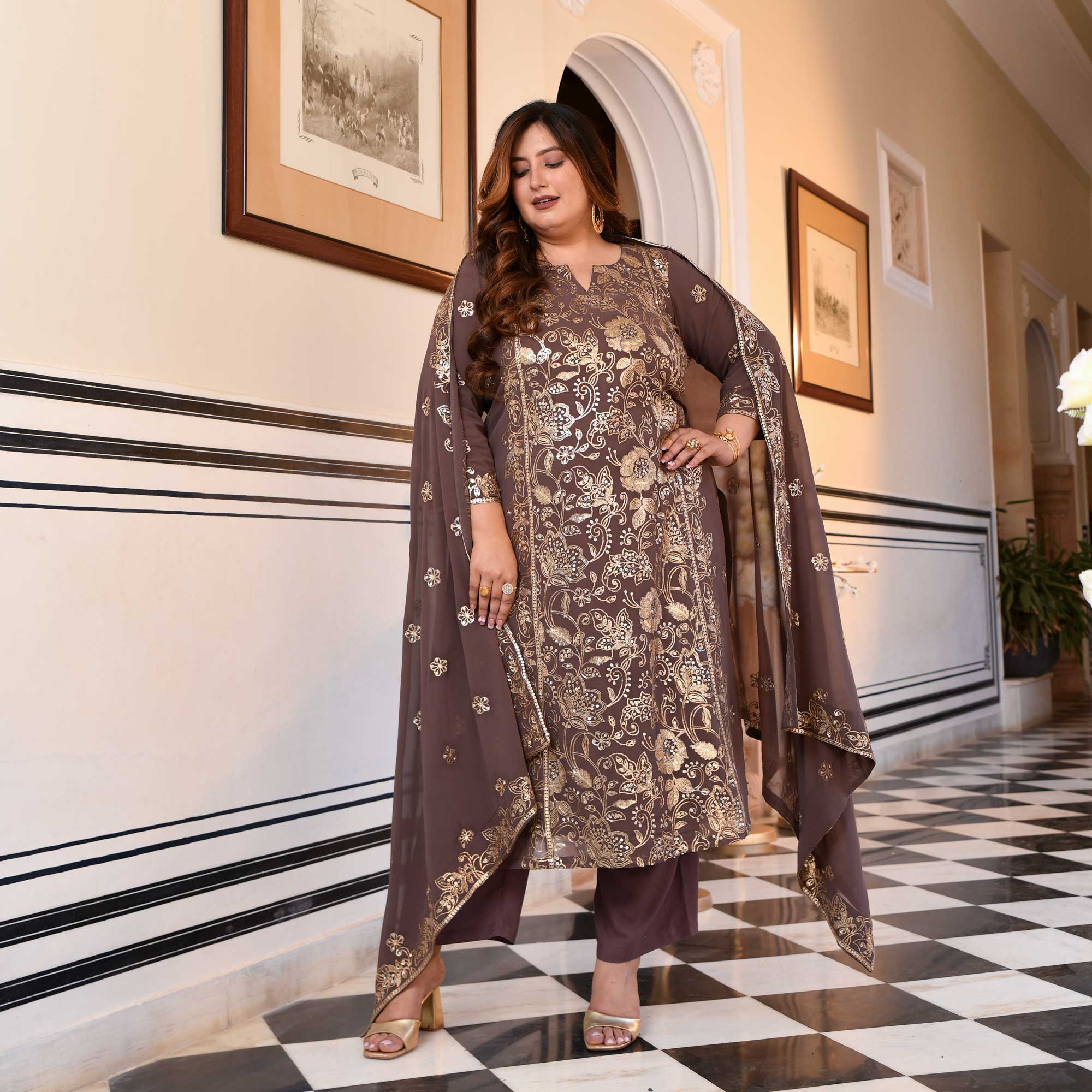 Ishani - Dusky Mauve Sequin Embroidered Georgette Suit Set - Image 9