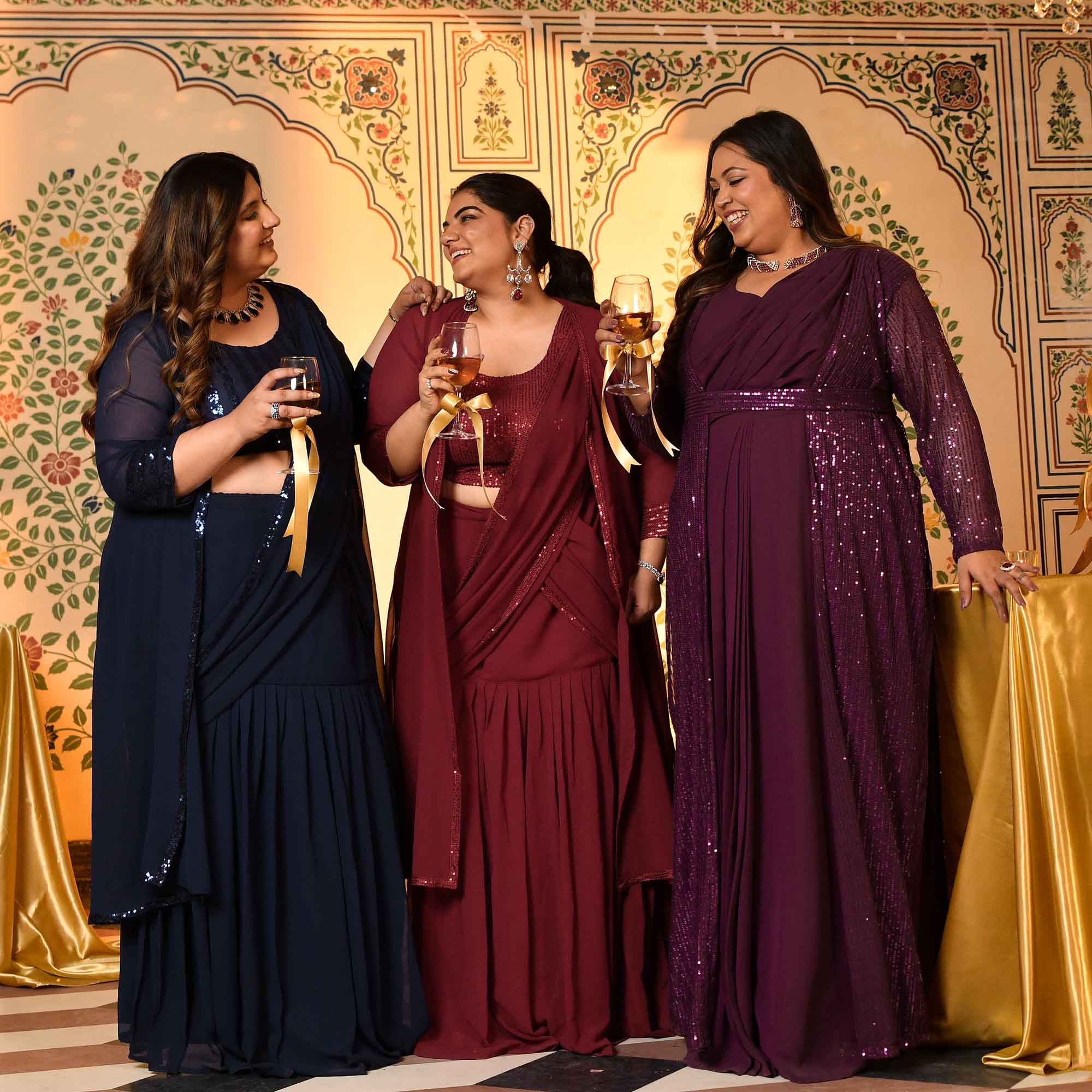 Martini- Navy Blue Sequin Embellished Drape Saree Set with Cape - Image 7