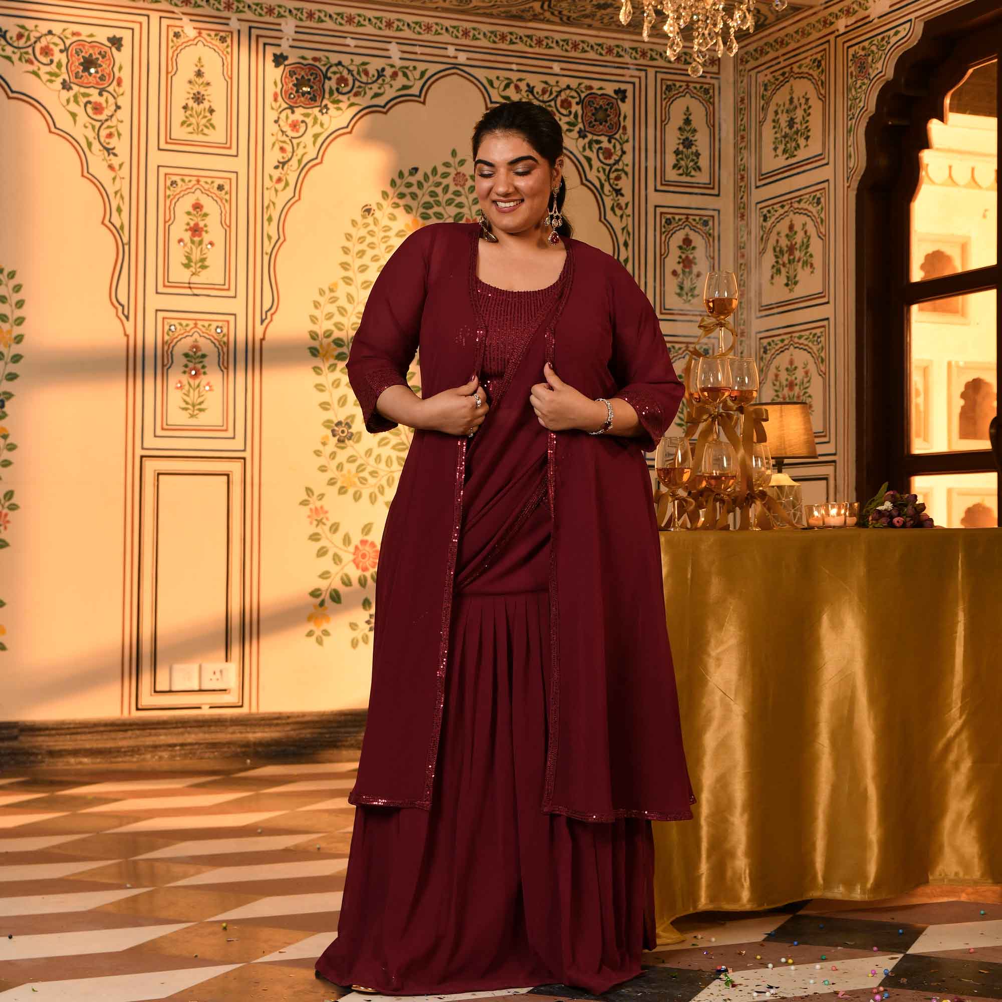 Jack Rose- Maroon Sequin Embellished Drape Saree Set with Cape - Image 6