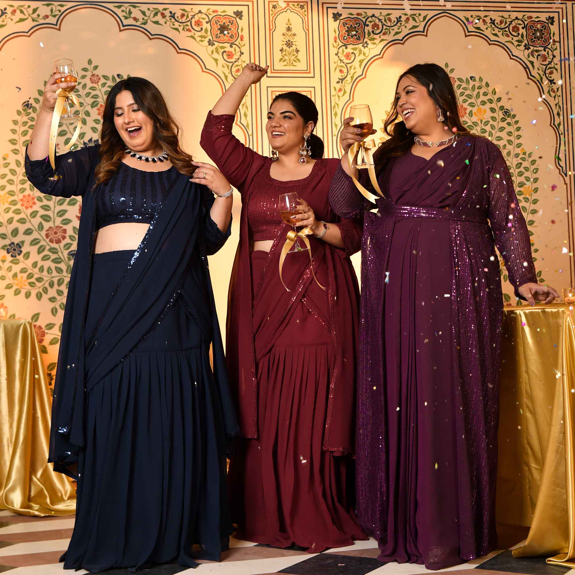 Jack Rose- Maroon Sequin Embellished Drape Saree Set with Cape - Image 8