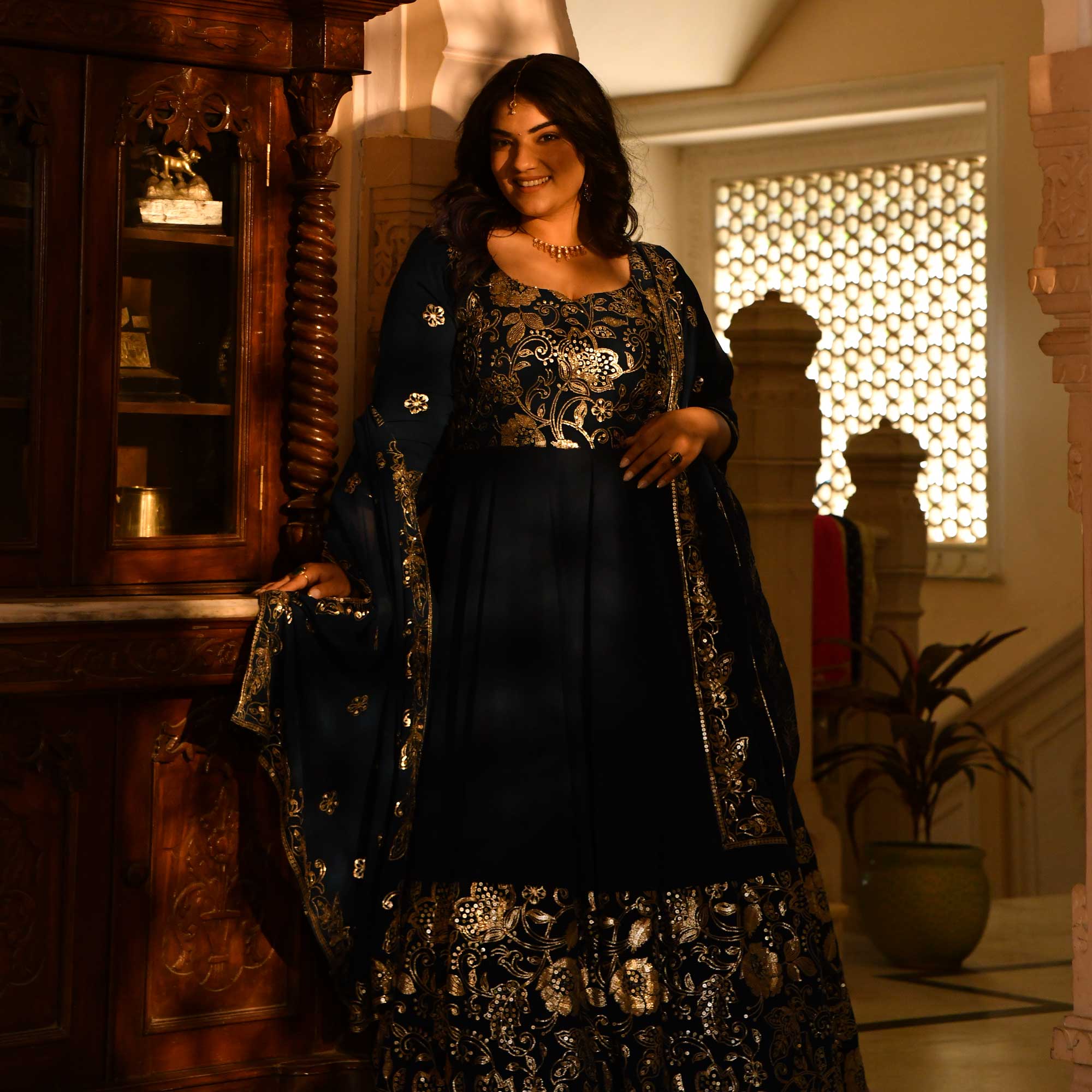 Jahnvi - Deep Prussian Blue Sequin Embroidered Georgette Anarkali Set - Image 10