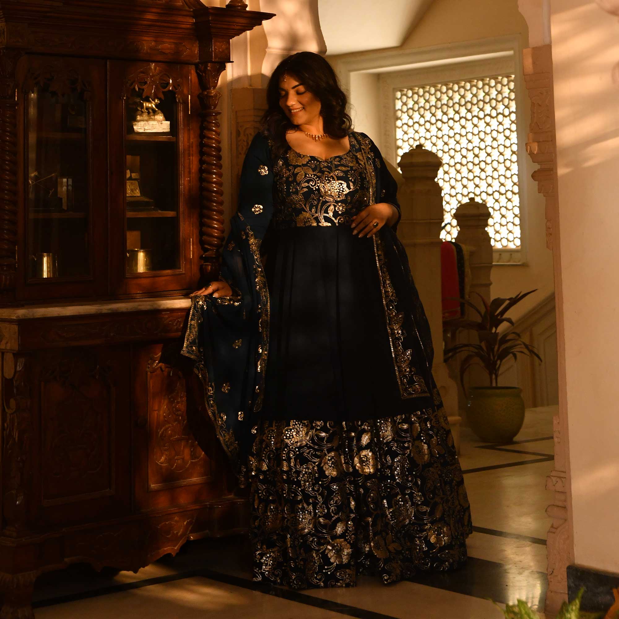 Jahnvi - Deep Prussian Blue Sequin Embroidered Georgette Anarkali Set - Image 3