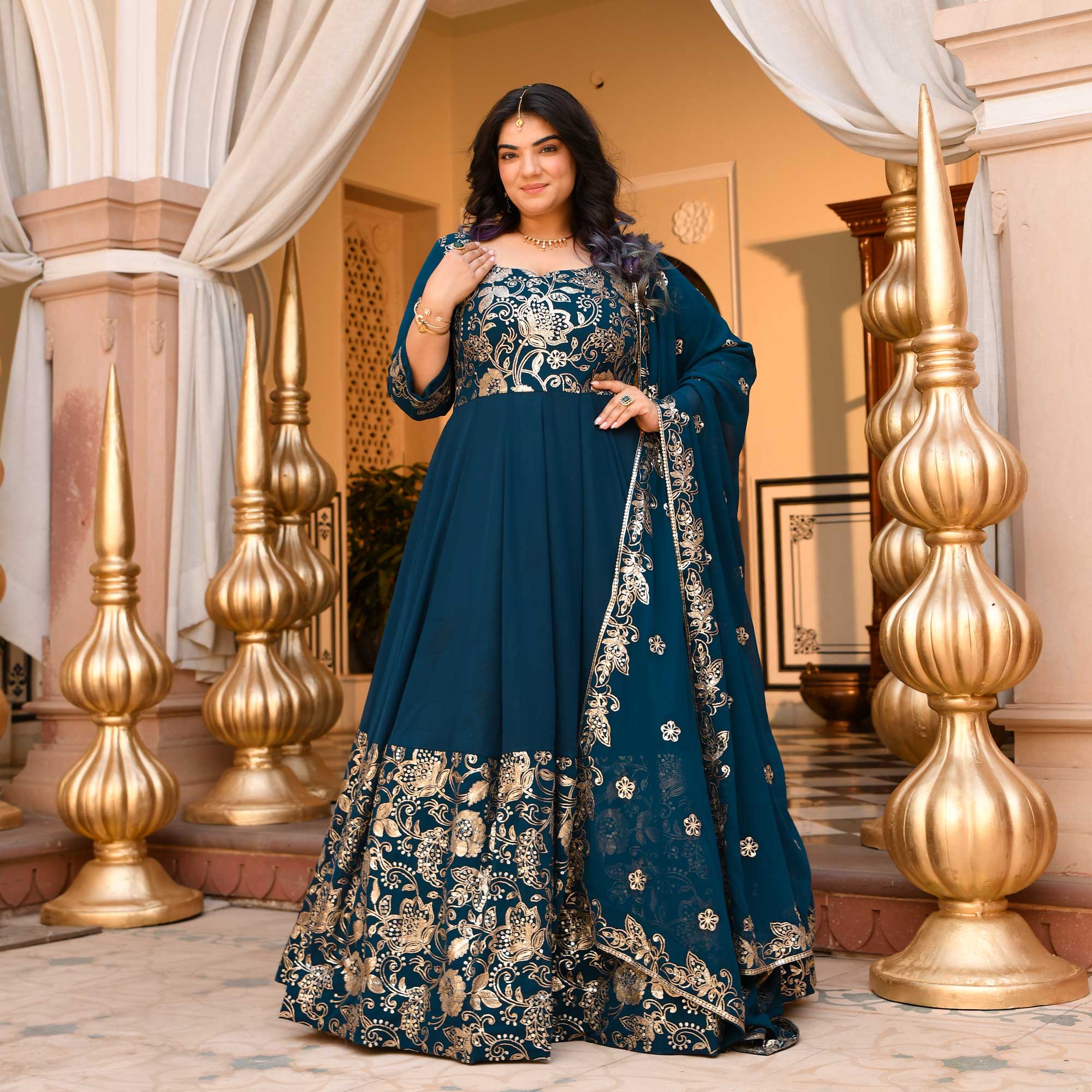 Jahnvi - Deep Prussian Blue Sequin Embroidered Georgette Anarkali Set - Image 7