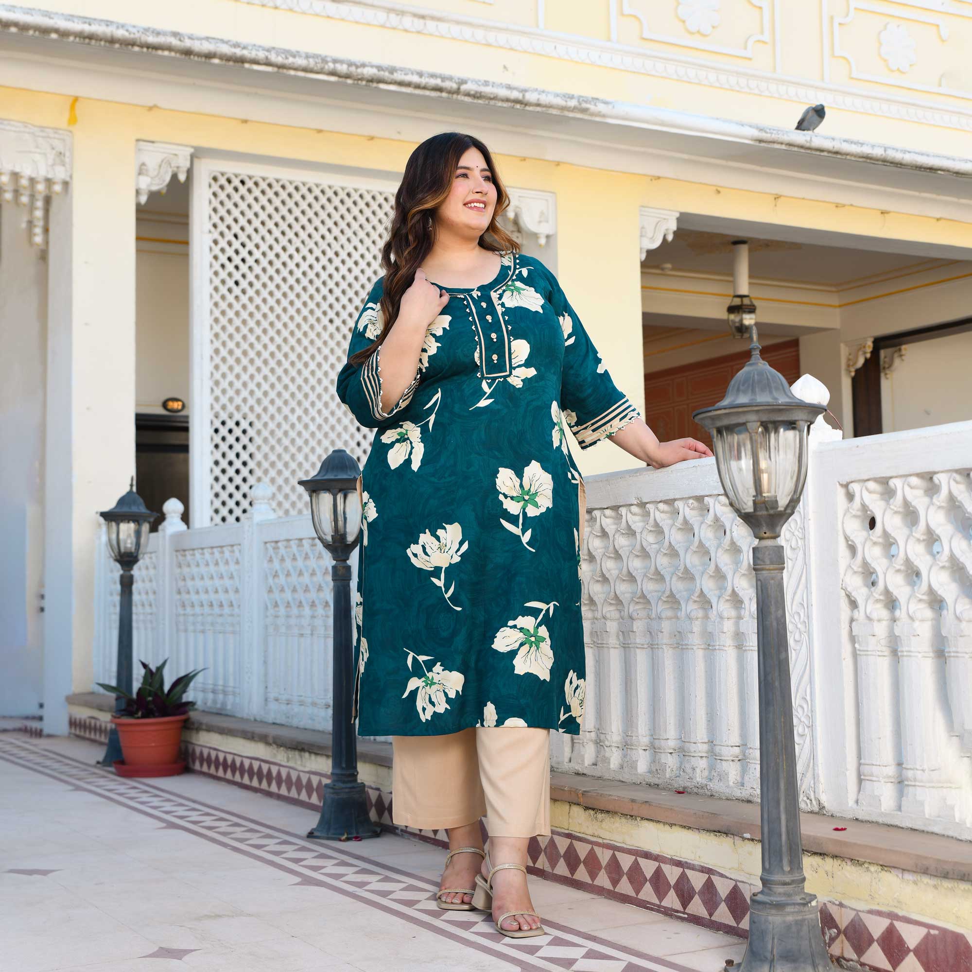 Jay Blue Floral Print Rayon Kurta - Image 4