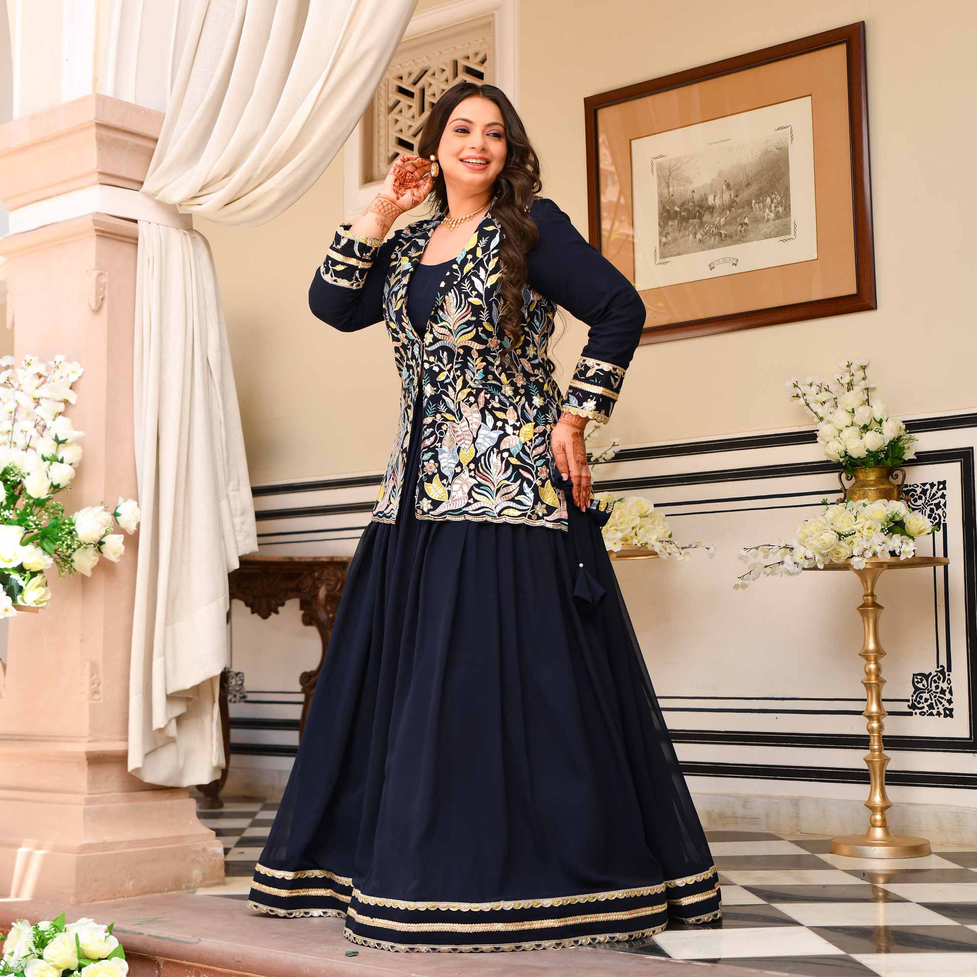 Jennifer- Navy Blue Georgette Thread Embroidered Blazer Lehenga Set - Image 5
