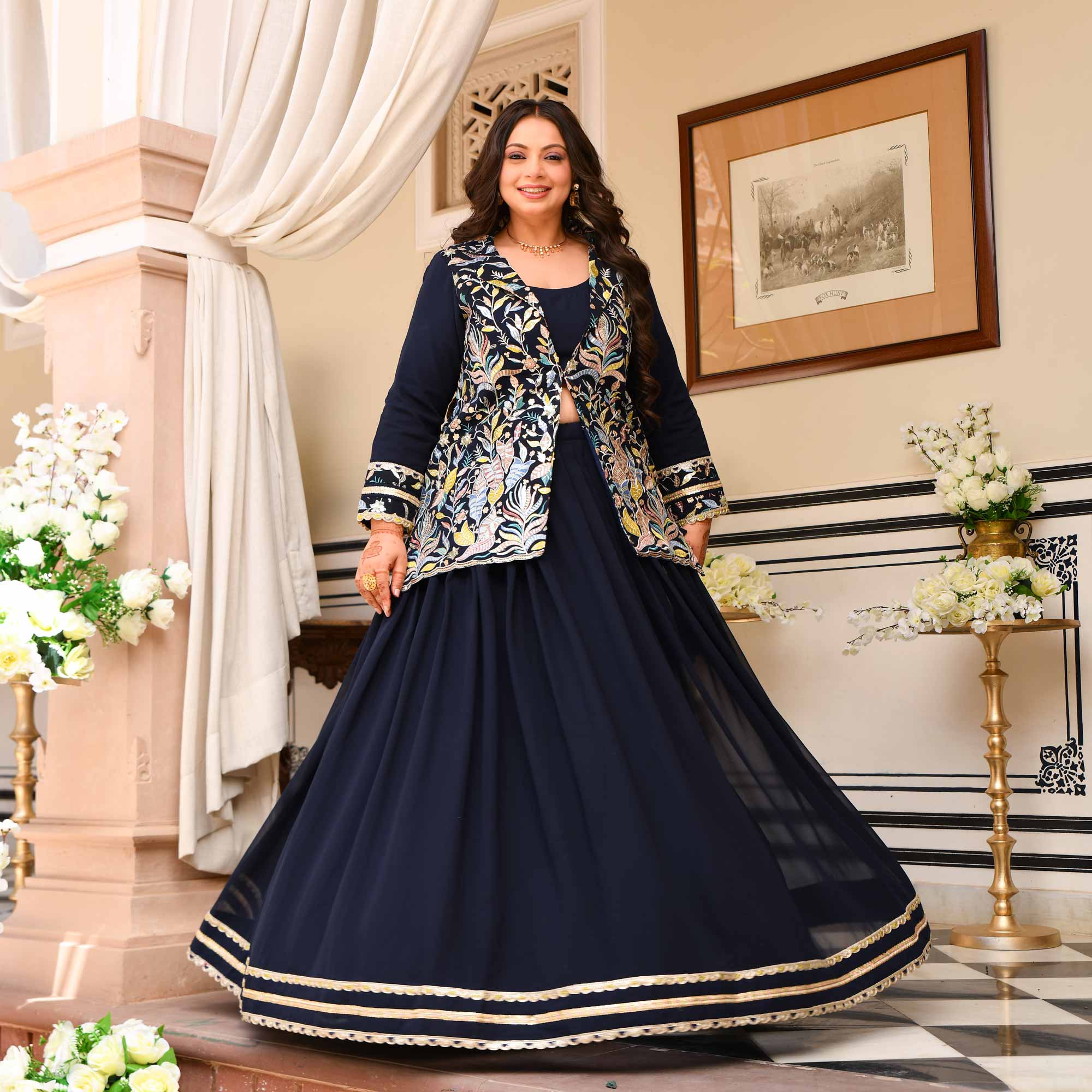 Jennifer- Navy Blue Georgette Thread Embroidered Blazer Lehenga Set - Image 8