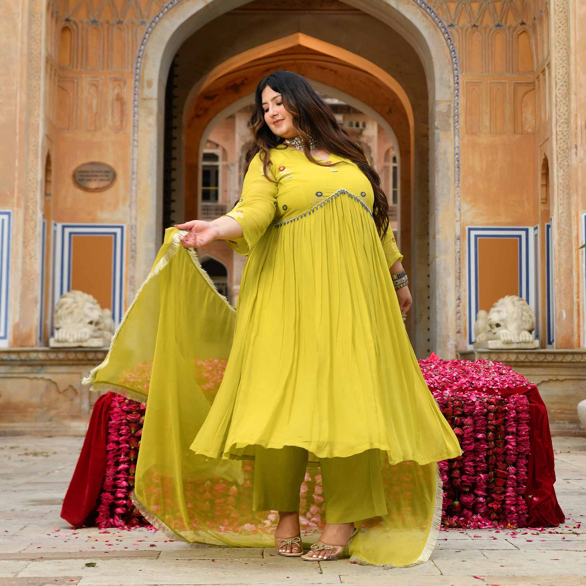 Jhoomar - Lime Green Banarasi Pure Georgette Alia Cut Suit Set - Image 4
