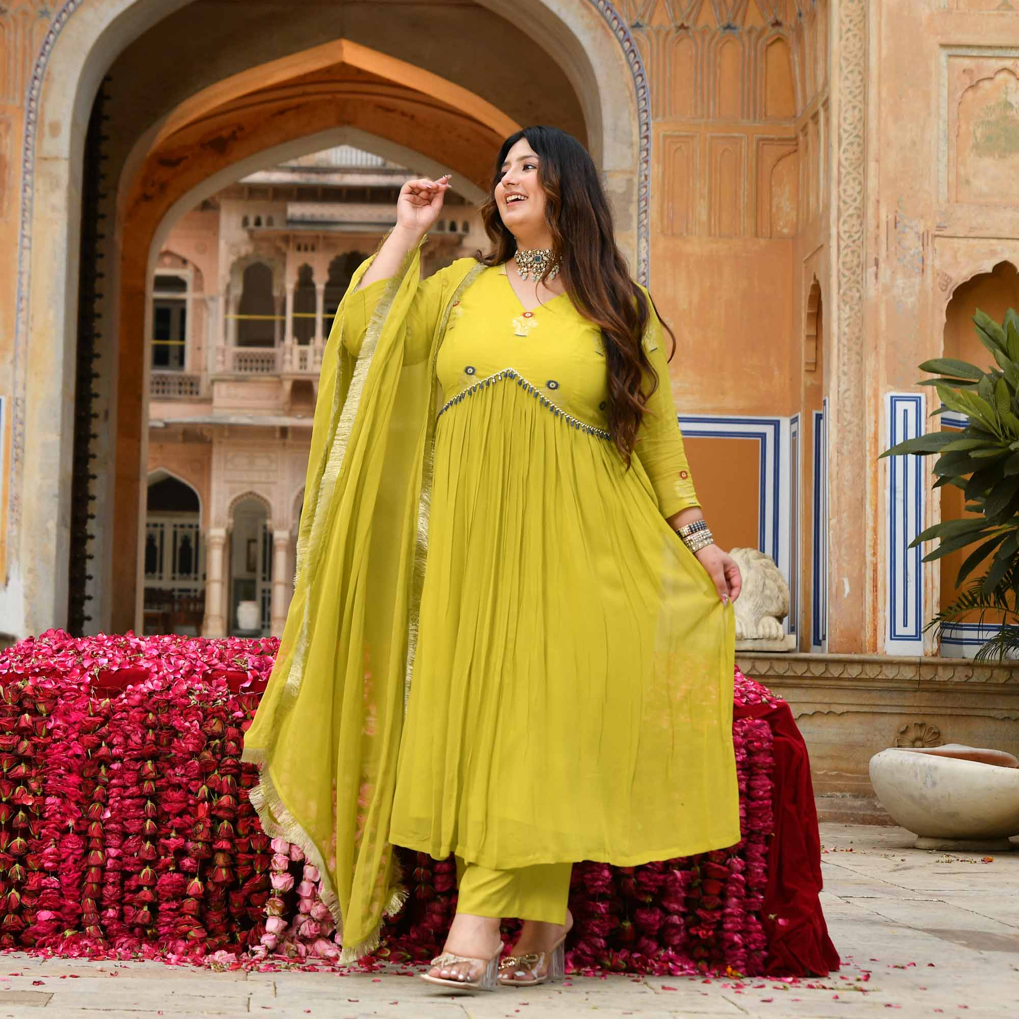 Jhoomar - Lime Green Banarasi Pure Georgette Alia Cut Suit Set - Image 7