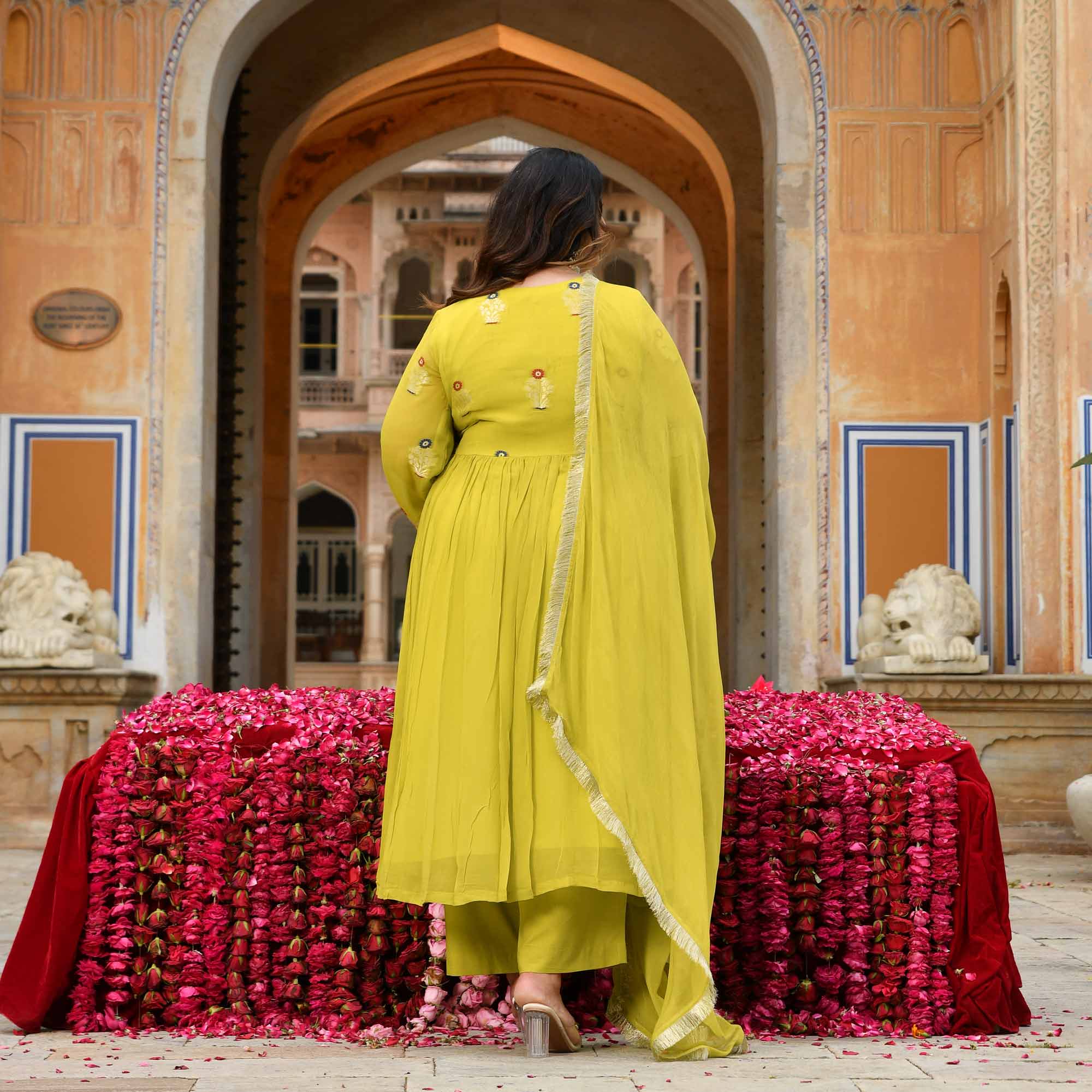 Jhoomar - Lime Green Banarasi Pure Georgette Alia Cut Suit Set - Image 9
