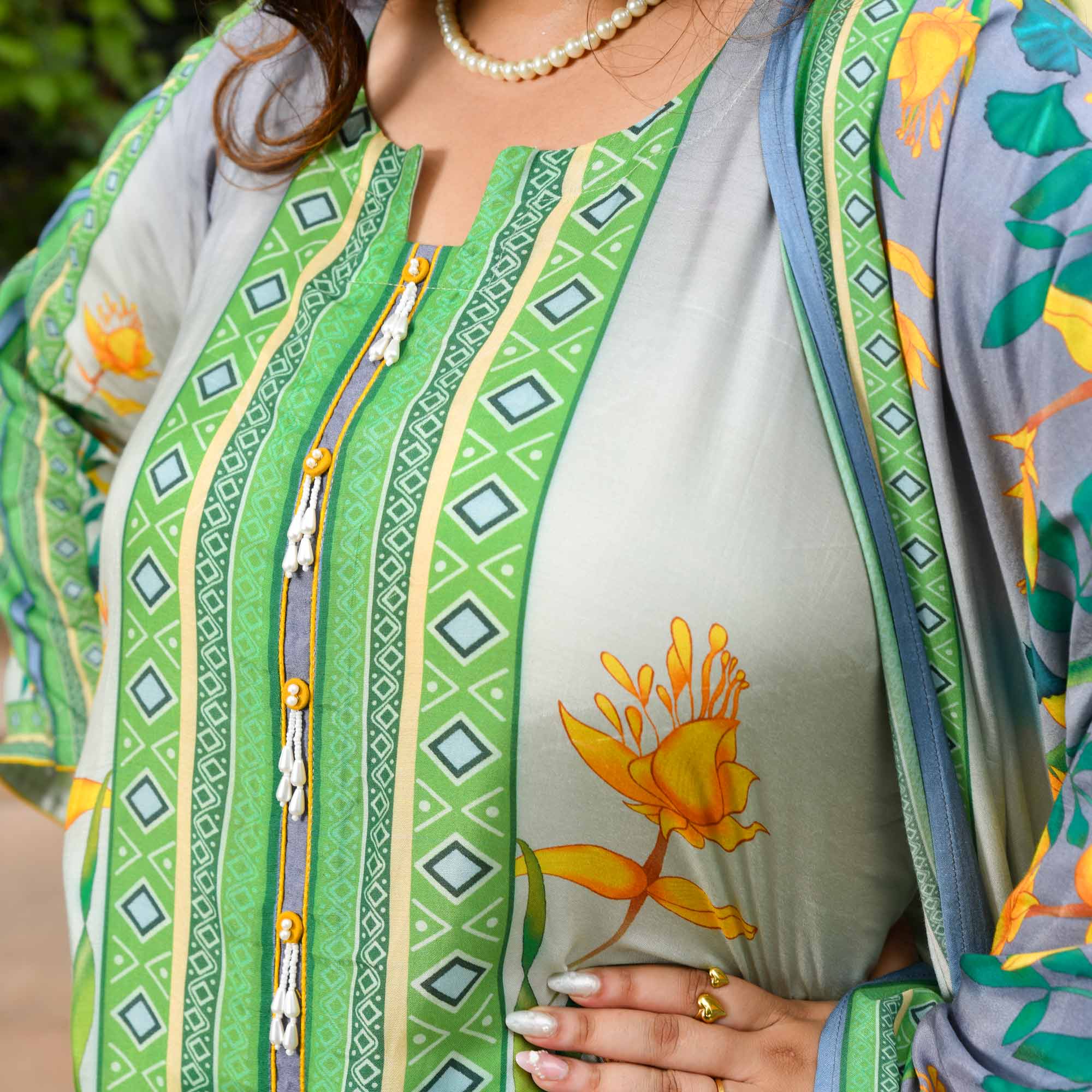 Julie- Grey & Green Floral Pure Muslin Suit Set - Image 5