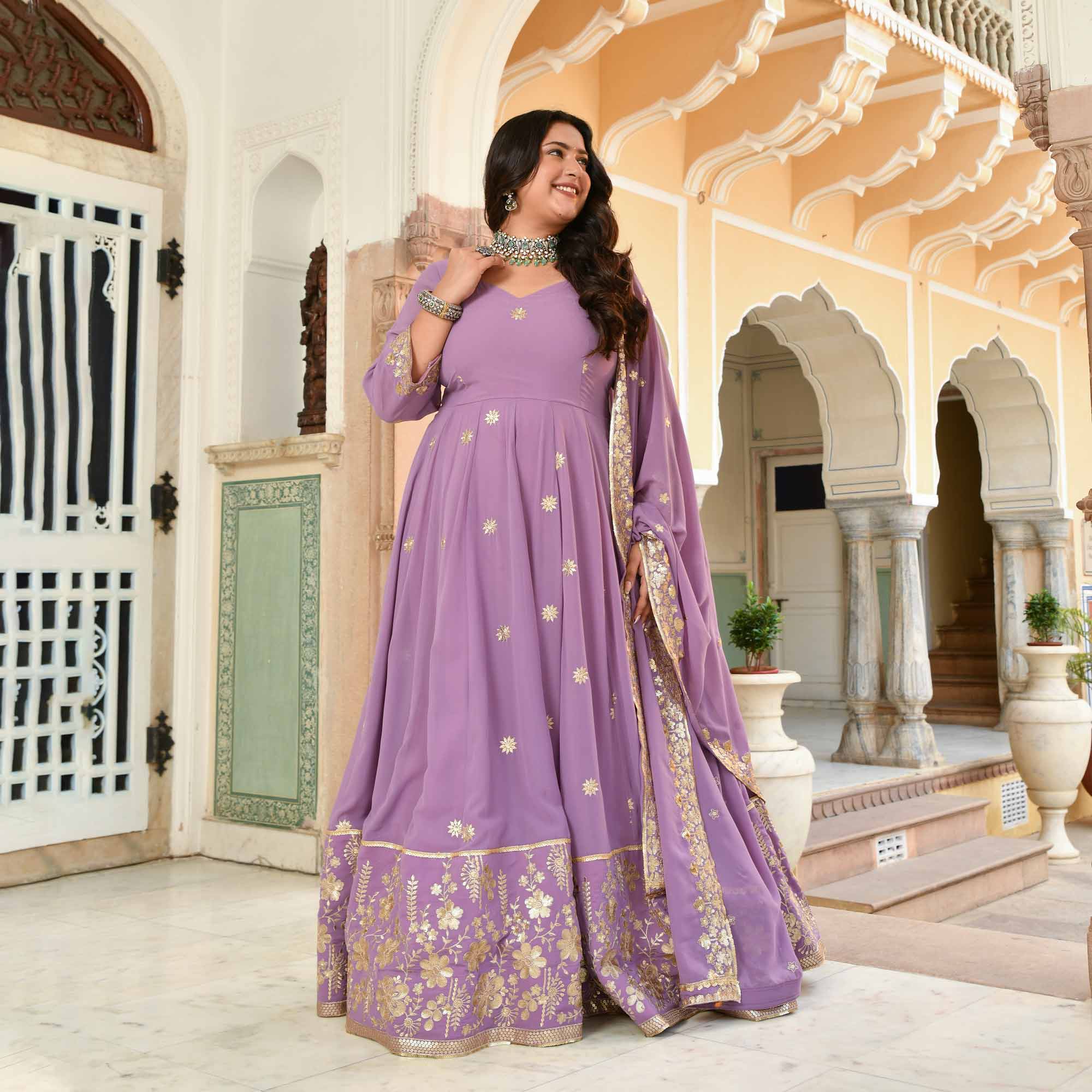 Kaju Katli- Periwrinkle Purple Embroidered Georgette Anarkali Set - Image 4