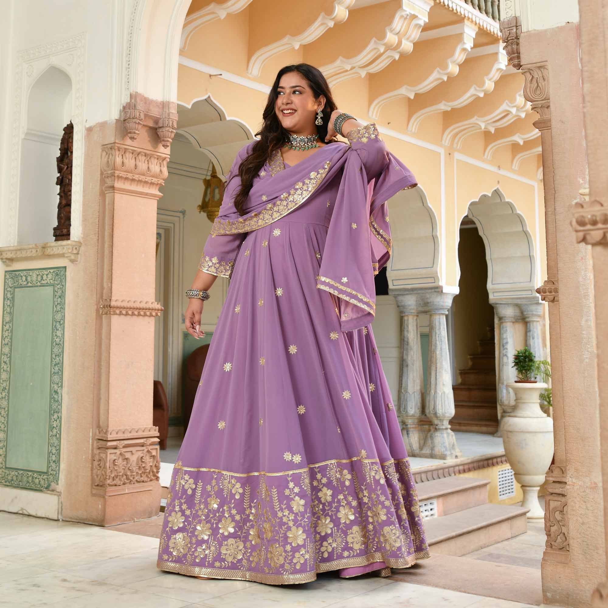 Kaju Katli- Periwrinkle Purple Embroidered Georgette Anarkali Set - Image 7