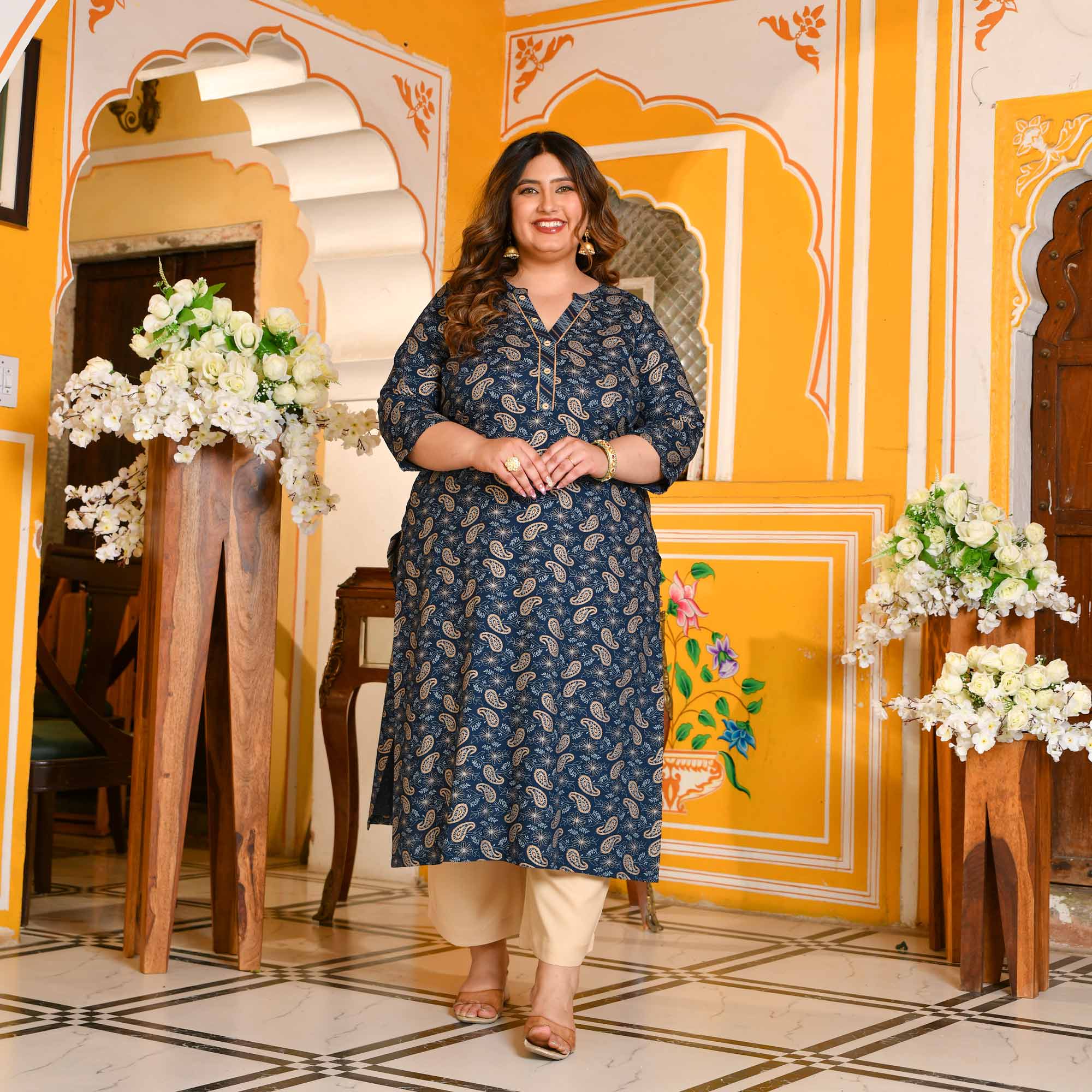 Kalash- Dark Blue Paisley Gold Block Kurta