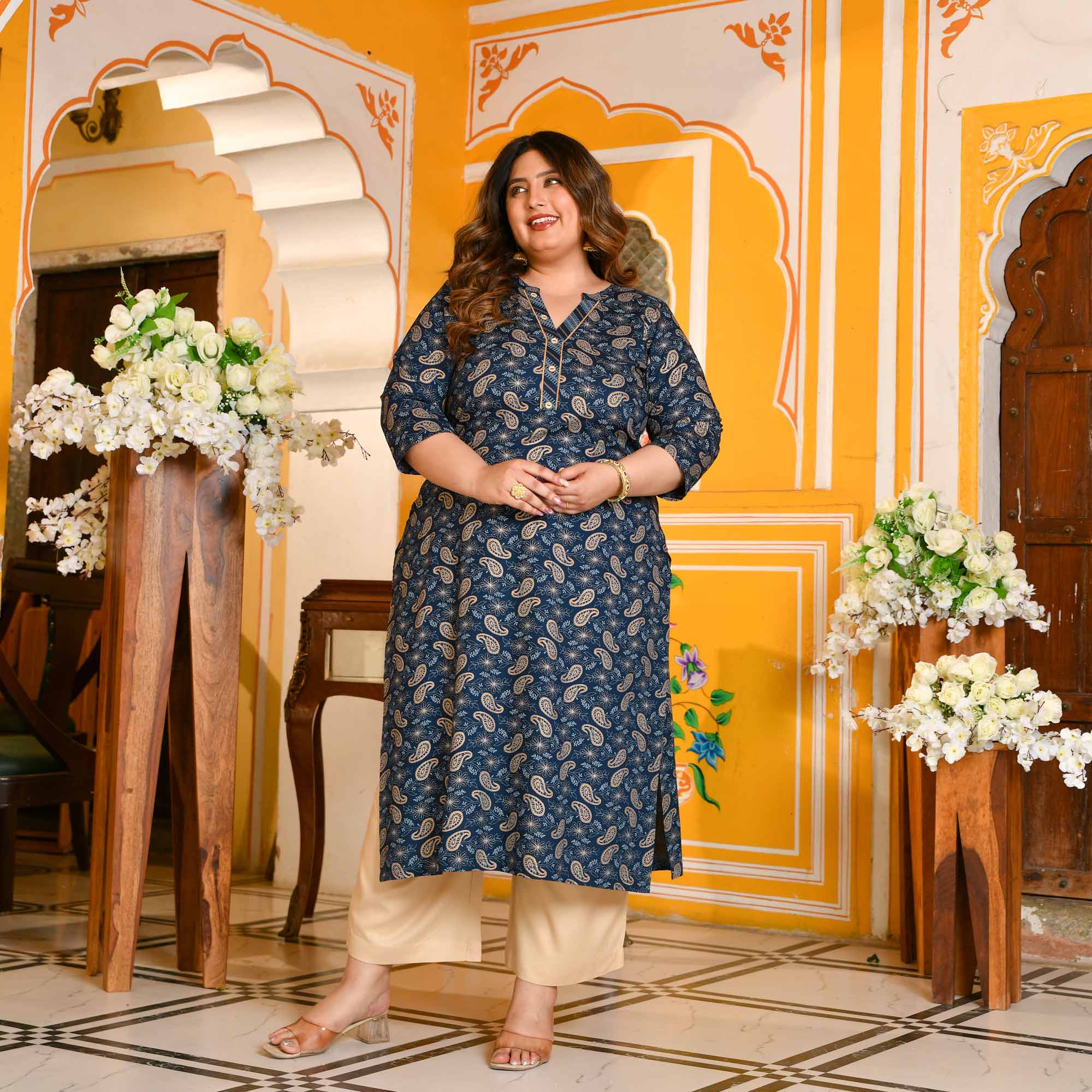 Kalash- Dark Blue Paisley Gold Block Kurta - Image 10