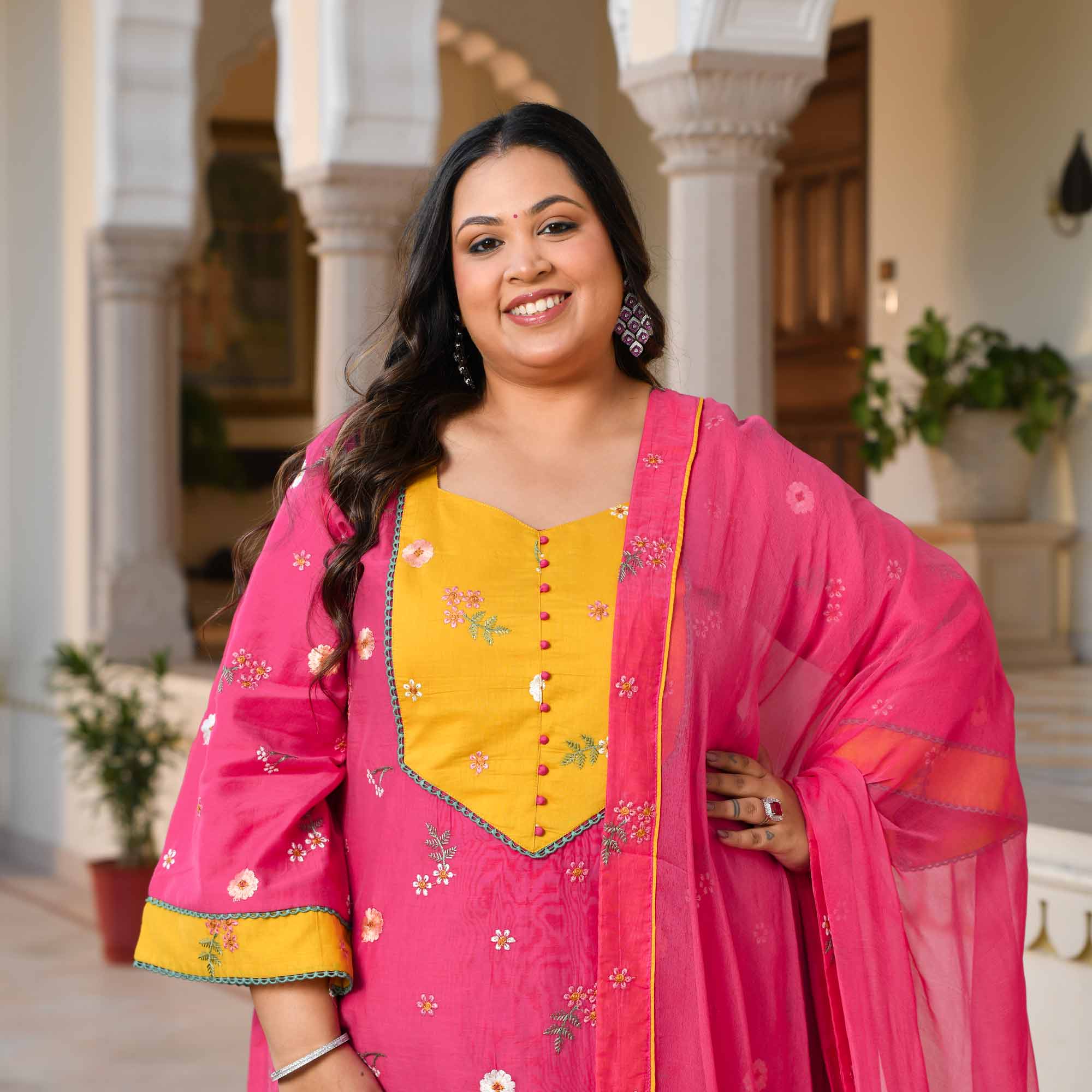 Kesar Thandai- Deep Pink Floral Thread Embroidery Mul Chanderi Suit Set - Image 2
