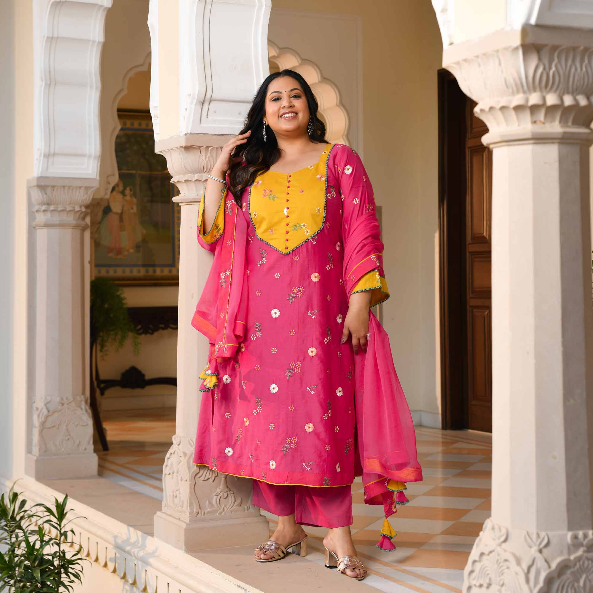 Kesar Thandai- Deep Pink Floral Thread Embroidery Mul Chanderi Suit Set - Image 6