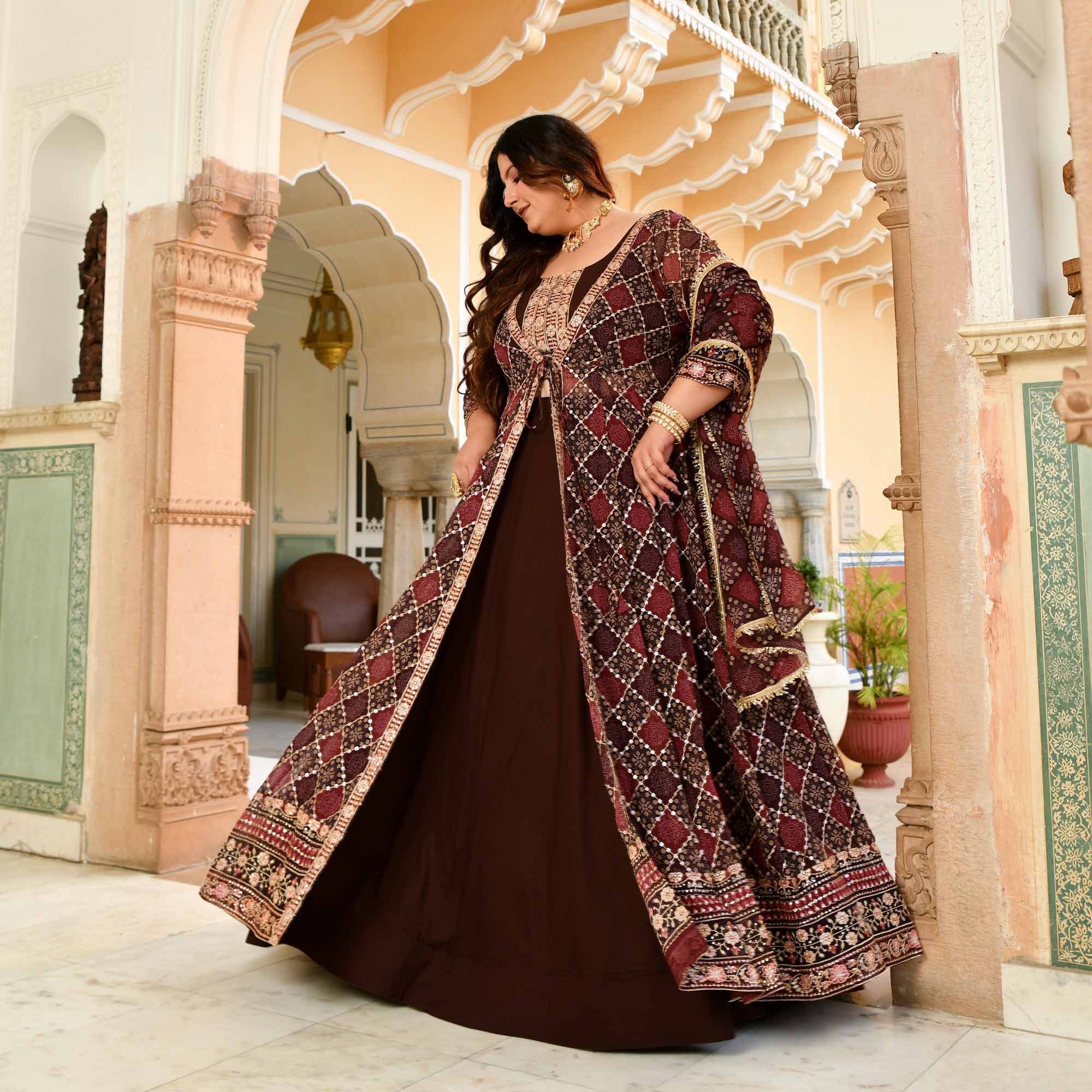 Koffee- Shades of Brown Fusion Print Zari Embroidered Cape Set - Image 3