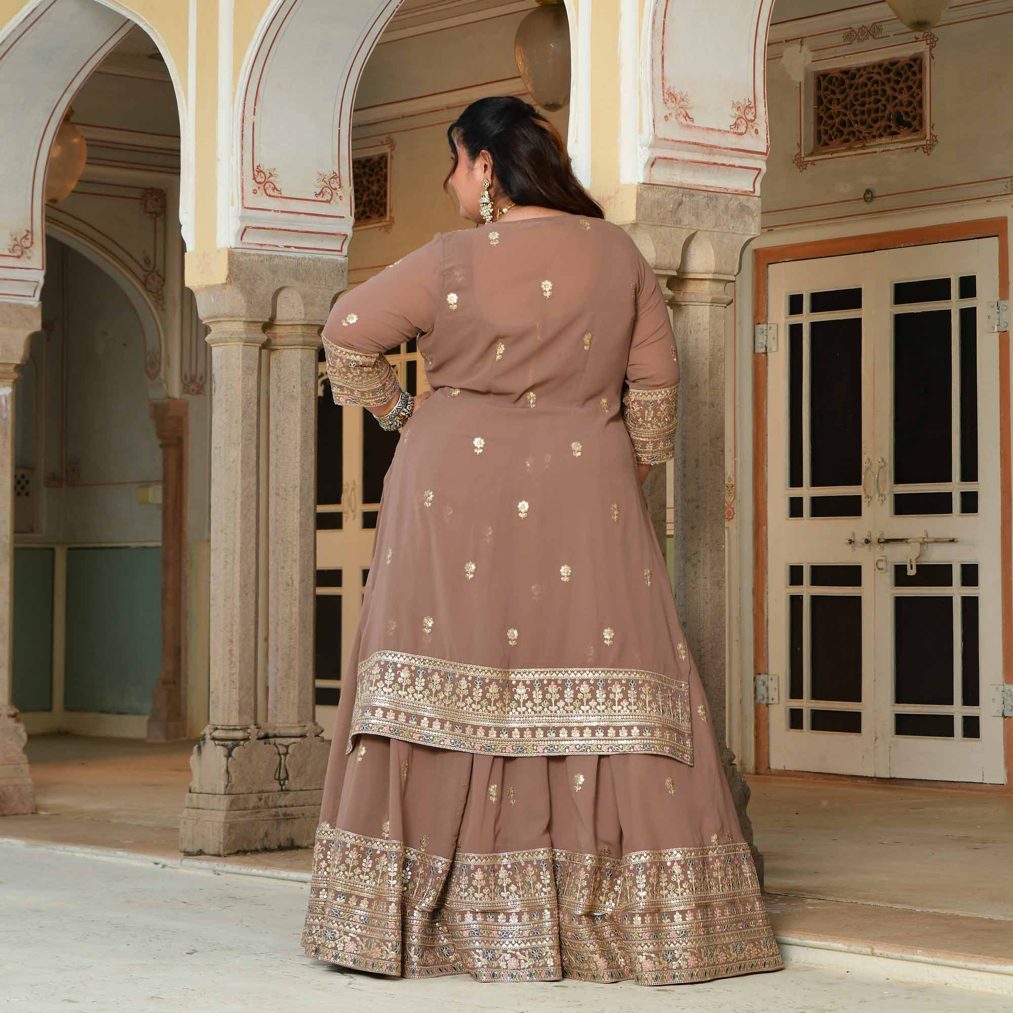 Kulfi- Clay Biscuit Embroidered Georgette Cape Lehenga Set - Image 4