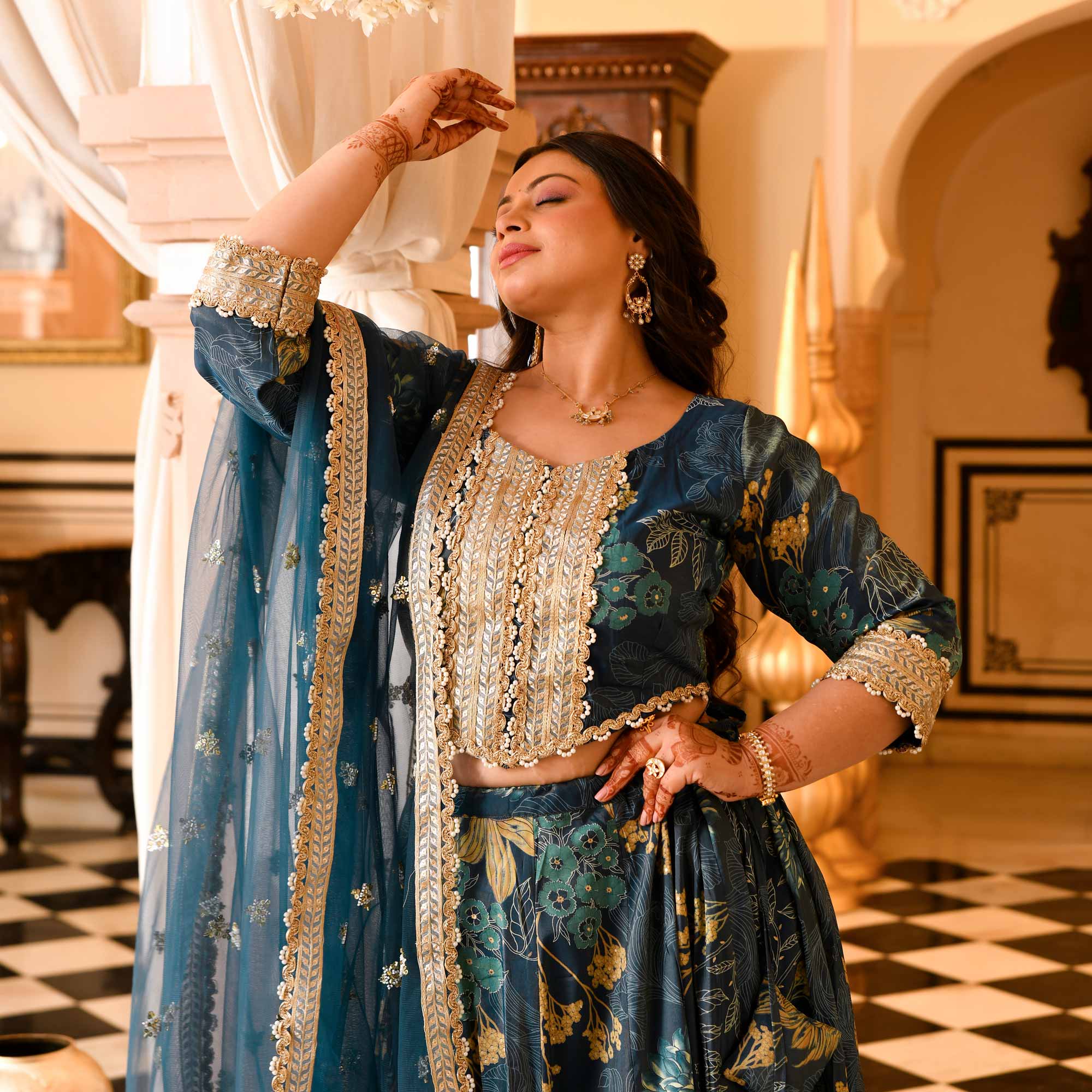 Lavish Lagoon Floral Tissue Silk Embroidered Lehenga Set - Image 2