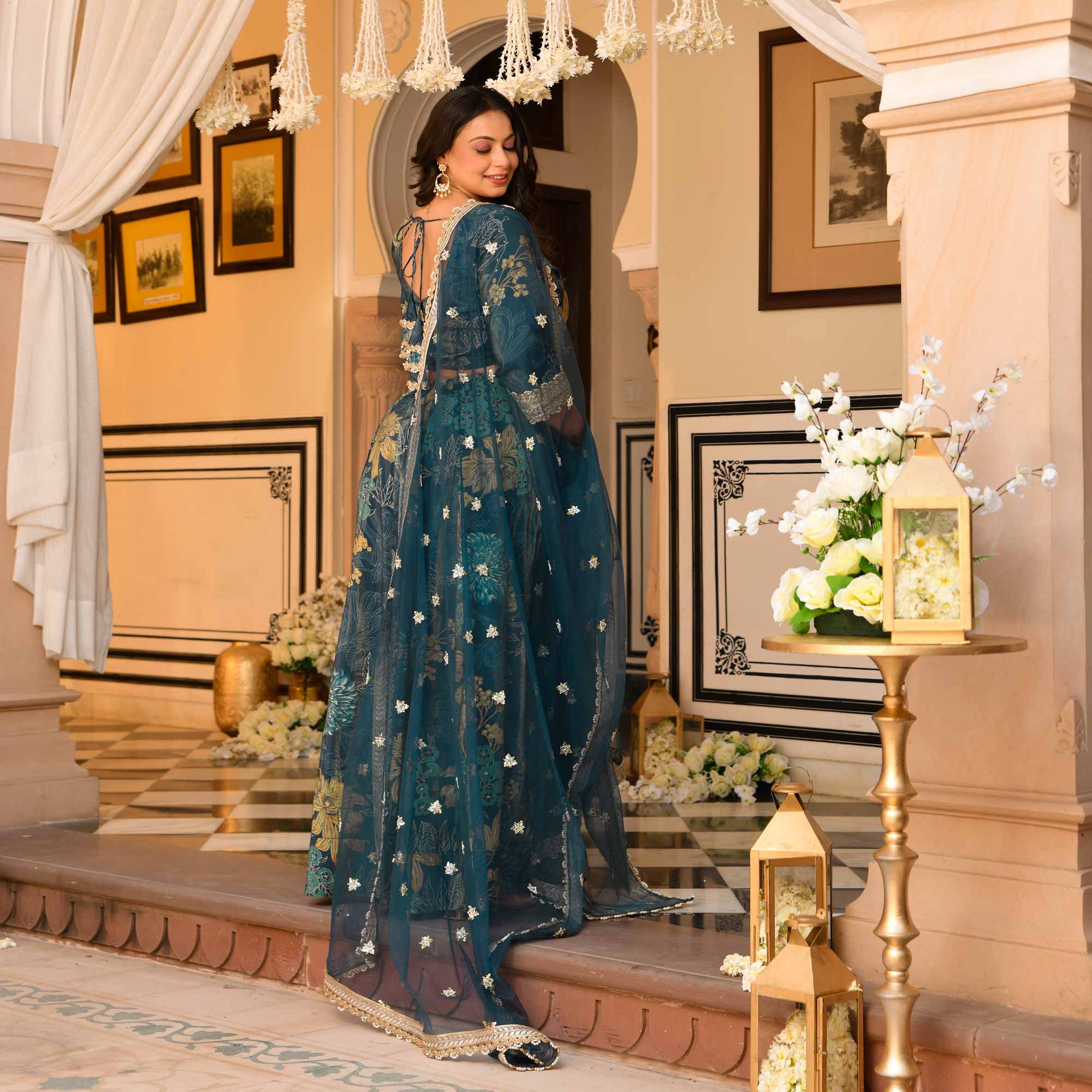 Lavish Lagoon Floral Tissue Silk Embroidered Lehenga Set - Image 4