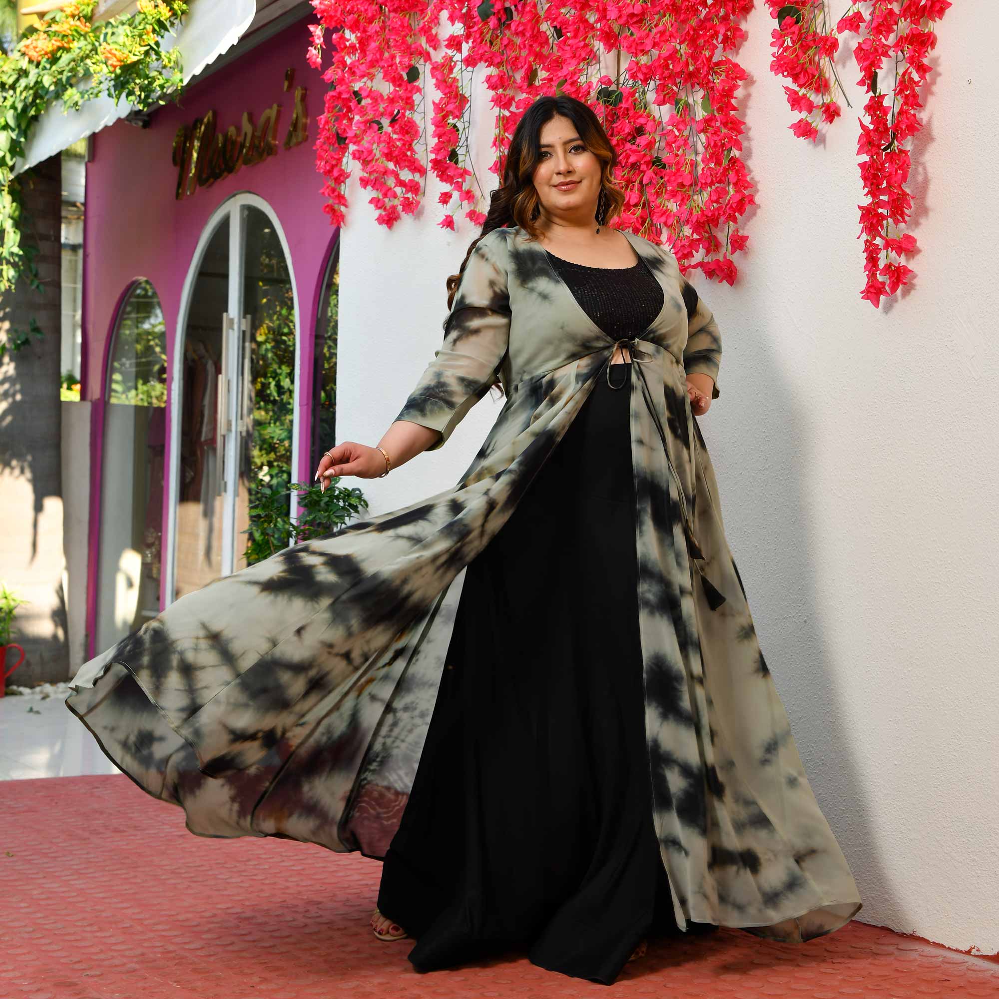 Lemon Grass- Dusky Green & Grey Tie-Dye Georgette Cape Set - Image 12