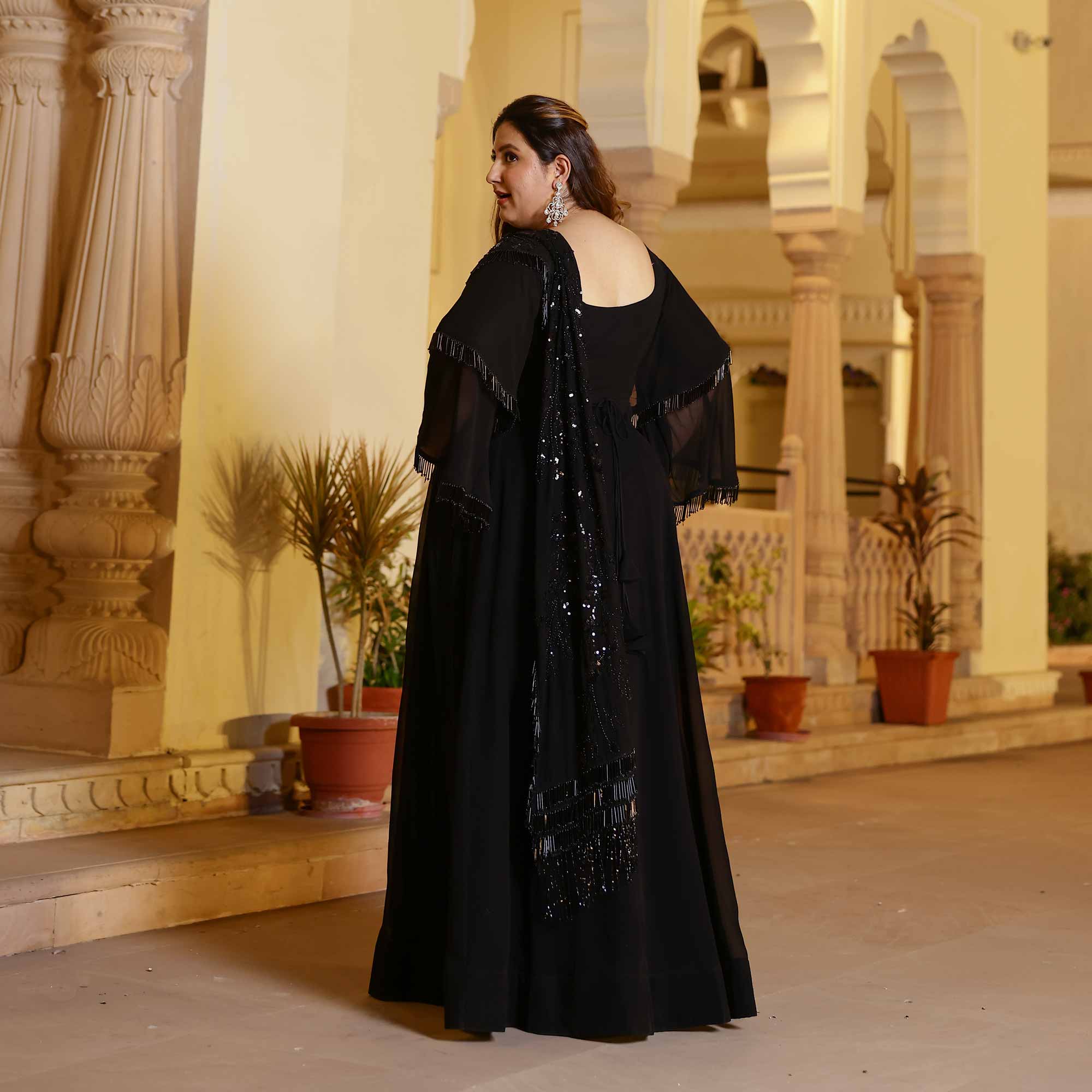 Luxe Ebony Cutdana Georgette Anarkali with Belt drape (Black) - Image 4