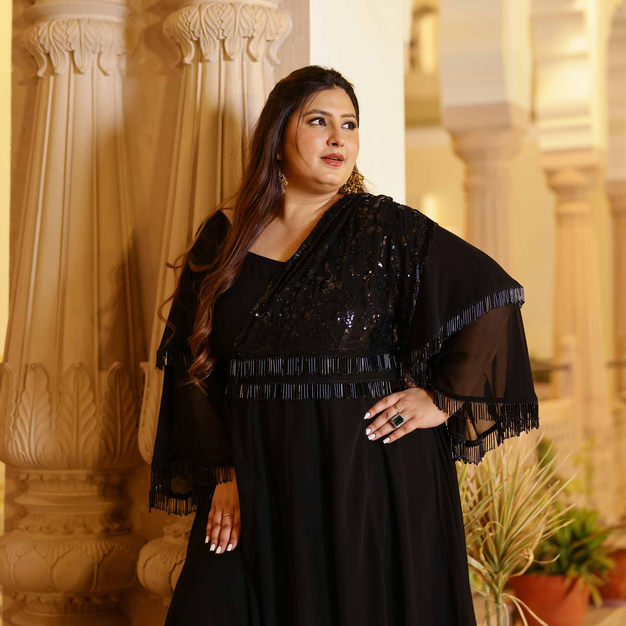 Luxe Ebony Cutdana Georgette Anarkali with Belt drape (Black) - Image 5