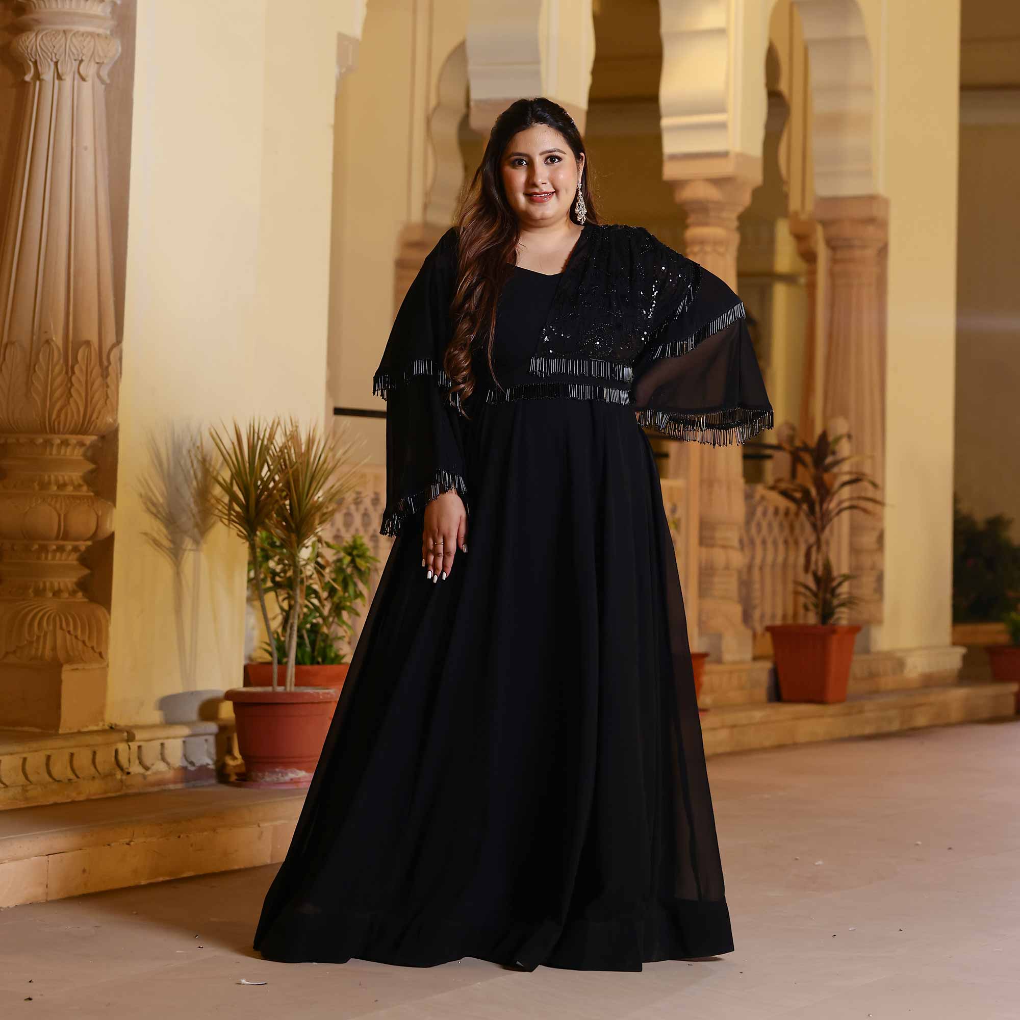 Luxe Ebony Cutdana Georgette Anarkali with Belt drape (Black) - Image 6