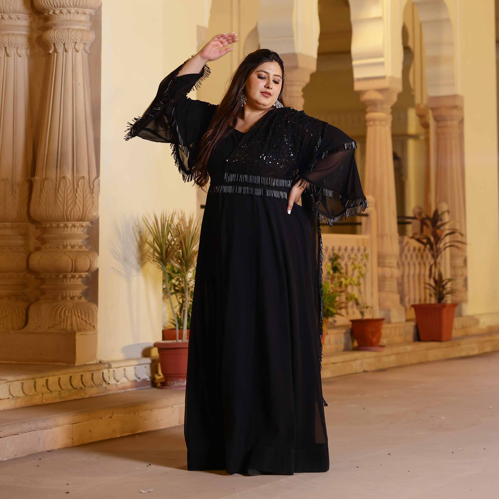 Luxe Ebony Cutdana Georgette Anarkali with Belt drape (Black) - Image 7