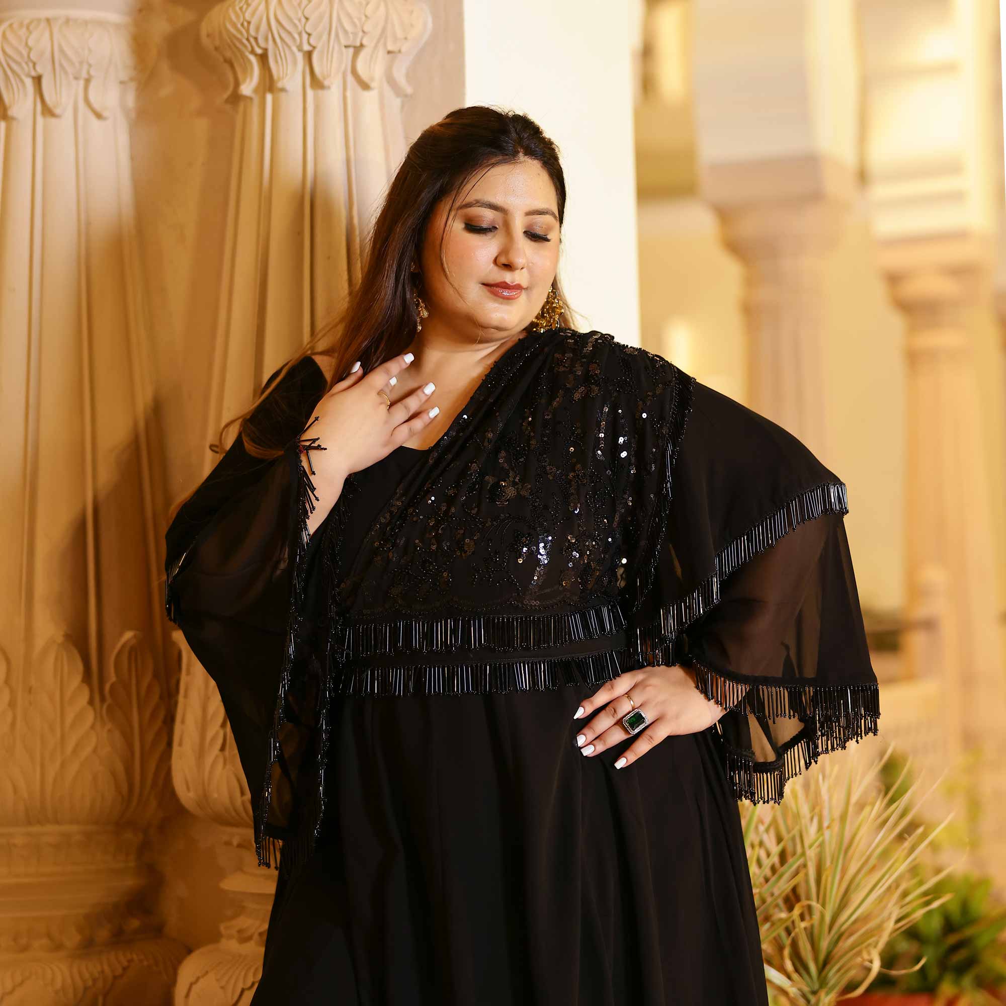 Luxe Ebony Cutdana Georgette Anarkali with Belt drape (Black) - Image 8