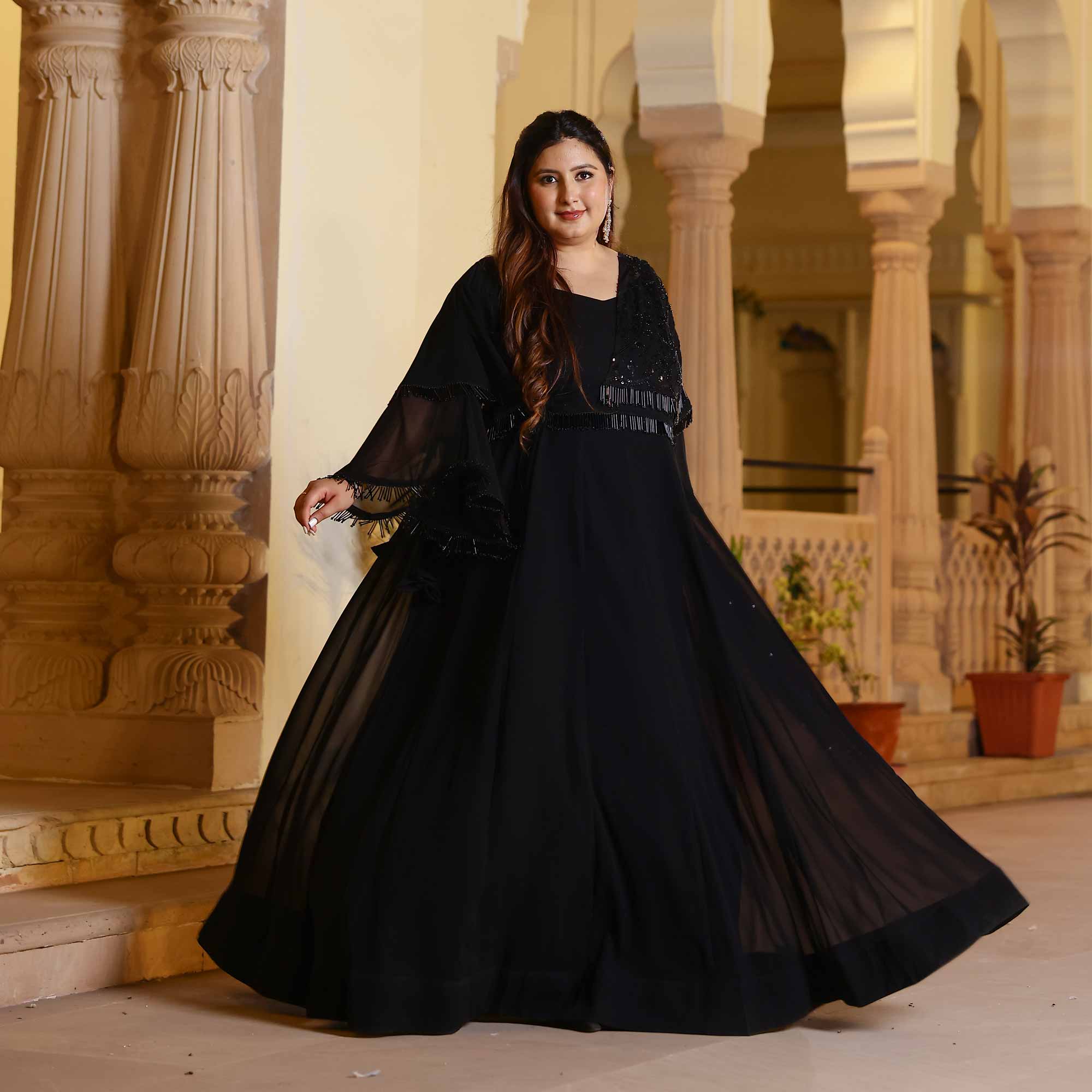 Luxe Ebony Cutdana Georgette Anarkali with Belt drape (Black) - Image 9