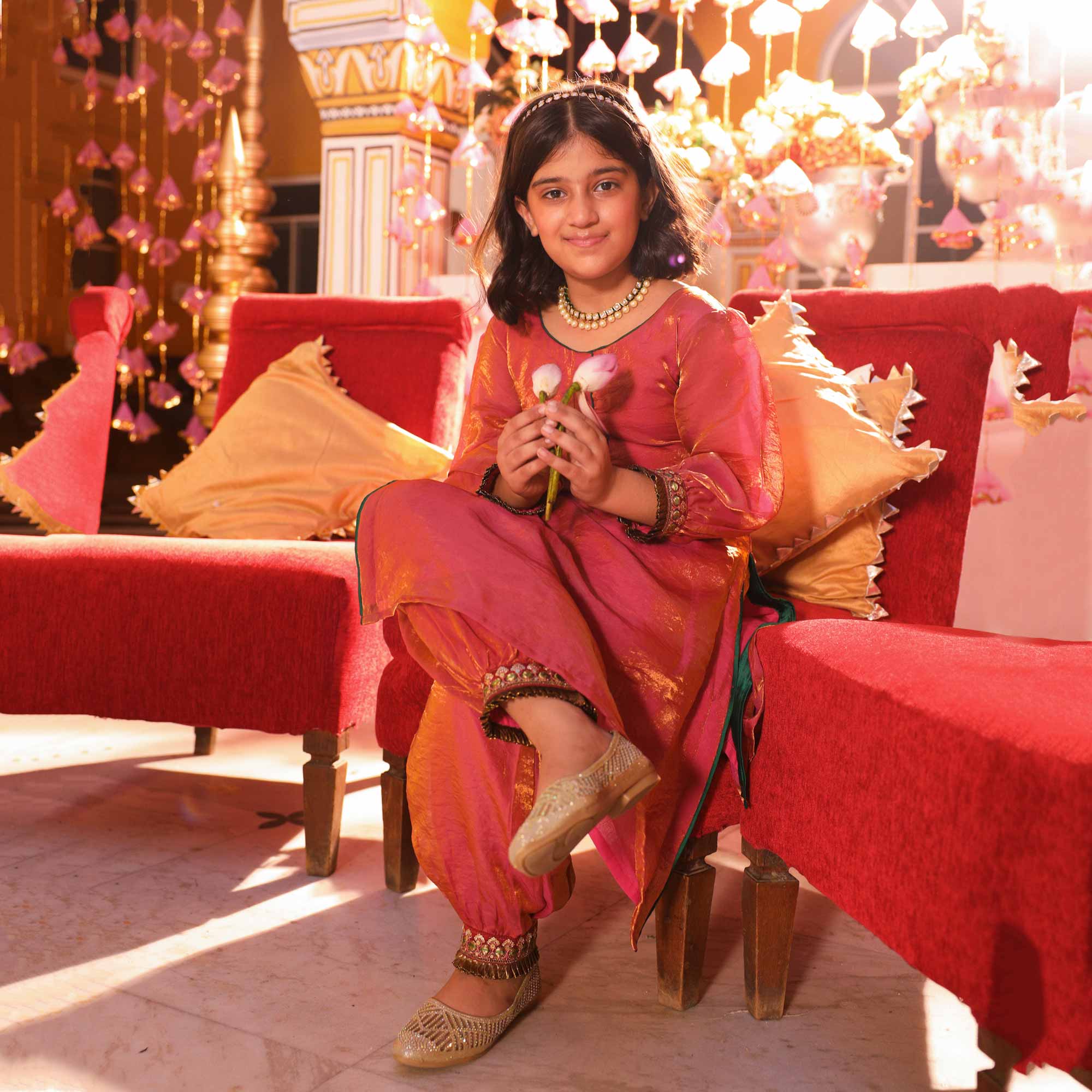 Luxe Red Kids Tissue Kurta Pant Set - Image 4