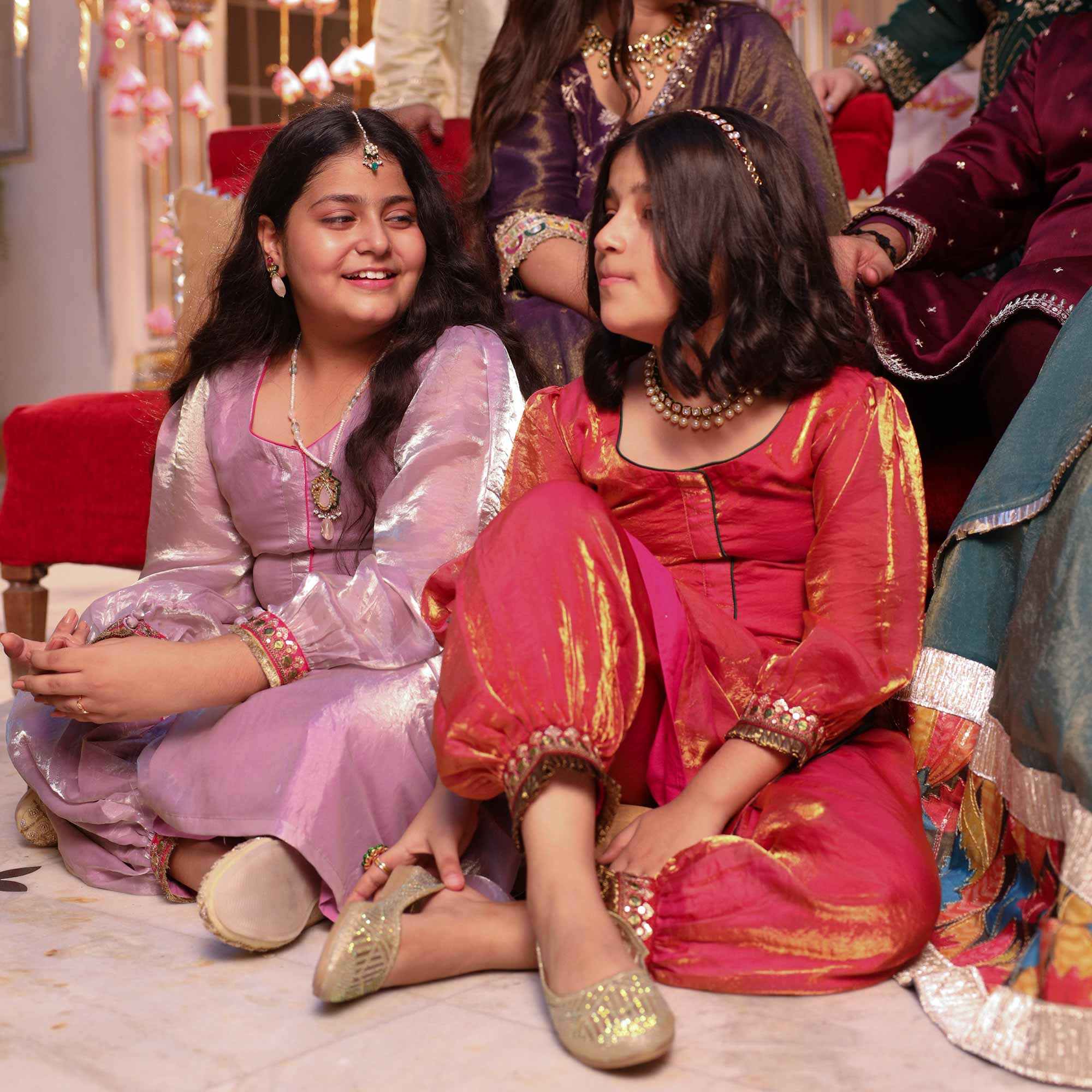 Luxe Red Kids Tissue Kurta Pant Set - Image 6