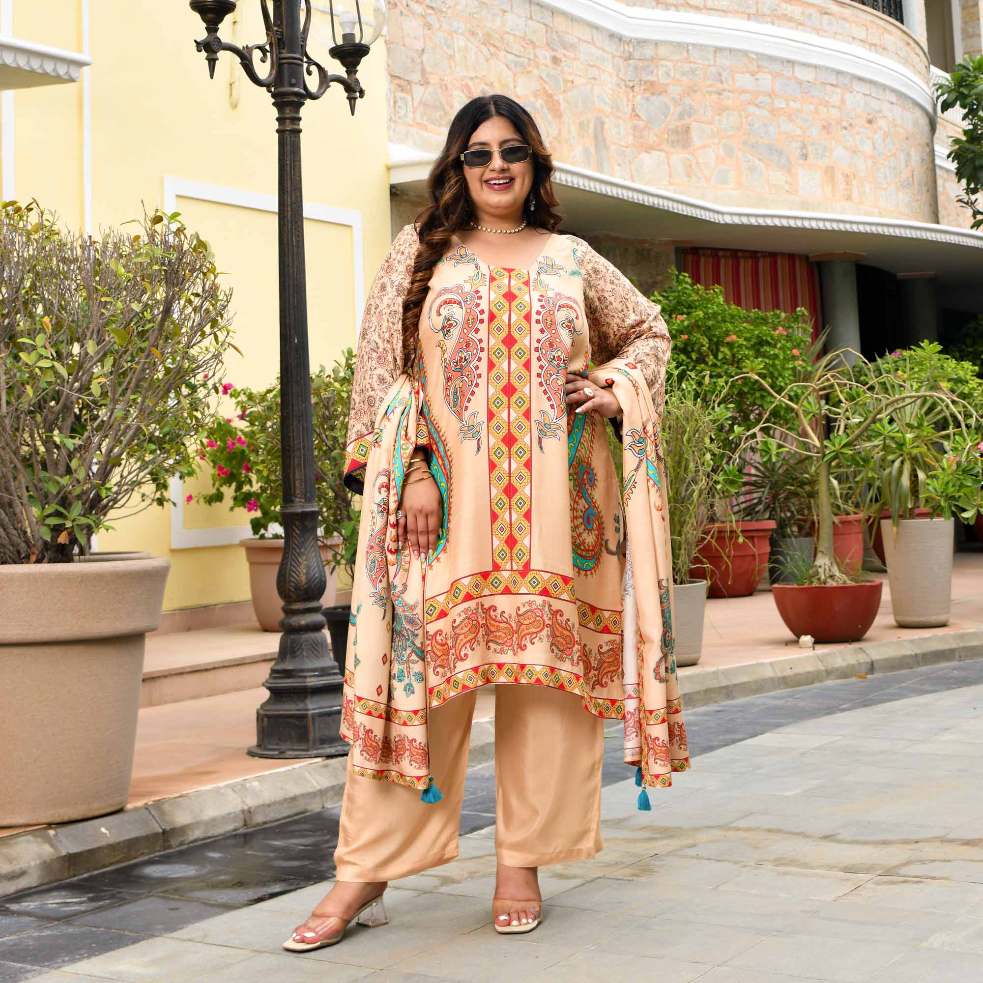 Madhuri- Biscuit Paisley Print Pure Muslin Suit Set - Image 9