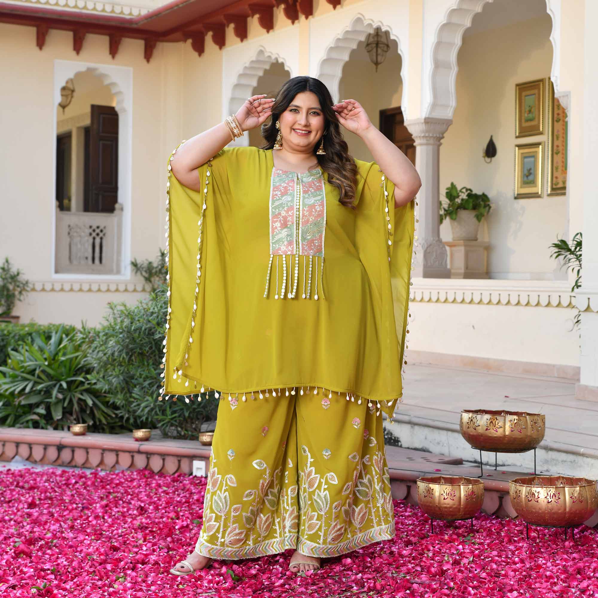 Main Character- Lime Yellow Thread & Gota Embroidered Georgette Cape Kaaftan Set - Image 3