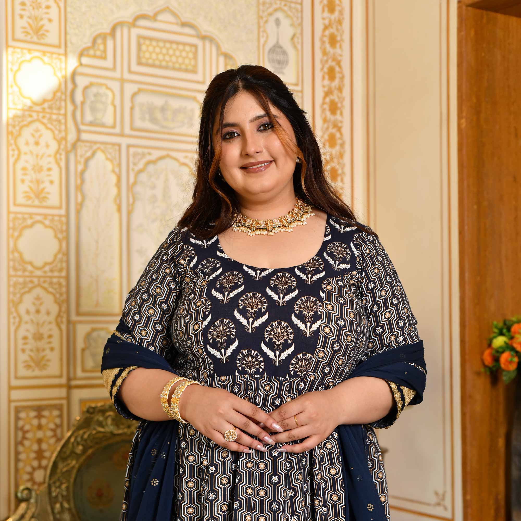 Malini- Navy Blue & Gold Sequin Embroidered Cotton Anarkali - Image 2