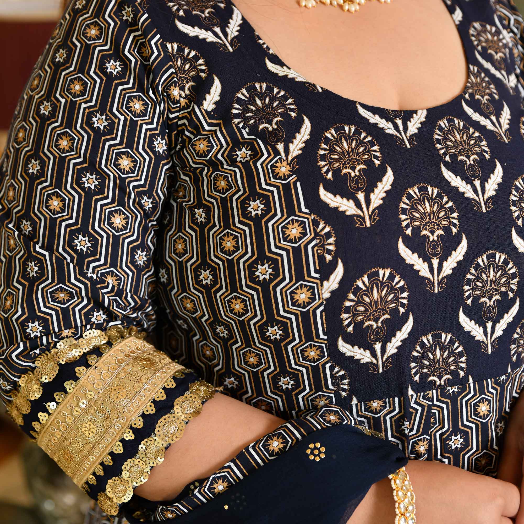 Malini- Navy Blue & Gold Sequin Embroidered Cotton Anarkali - Image 6