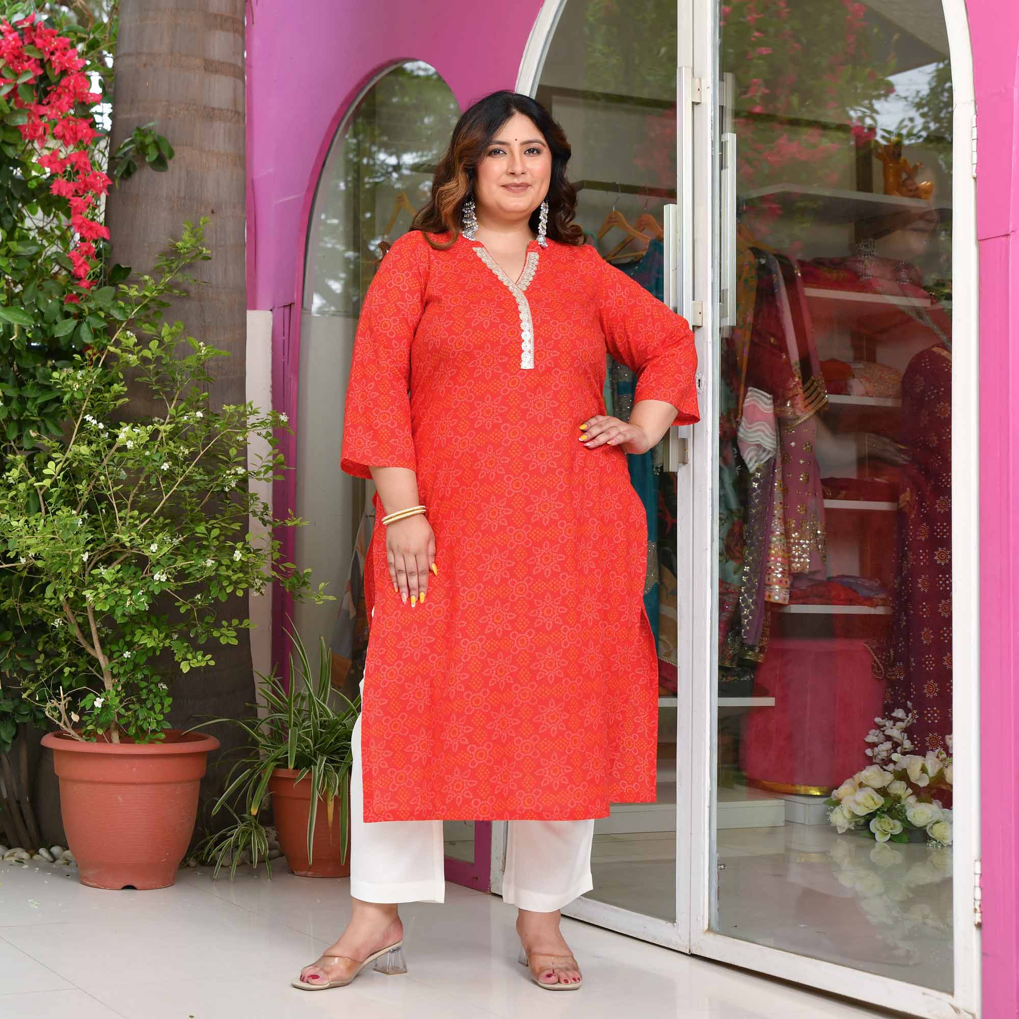 Manuhar- Red Bandhani Gota Work Pure Cotton Kurta - Image 7