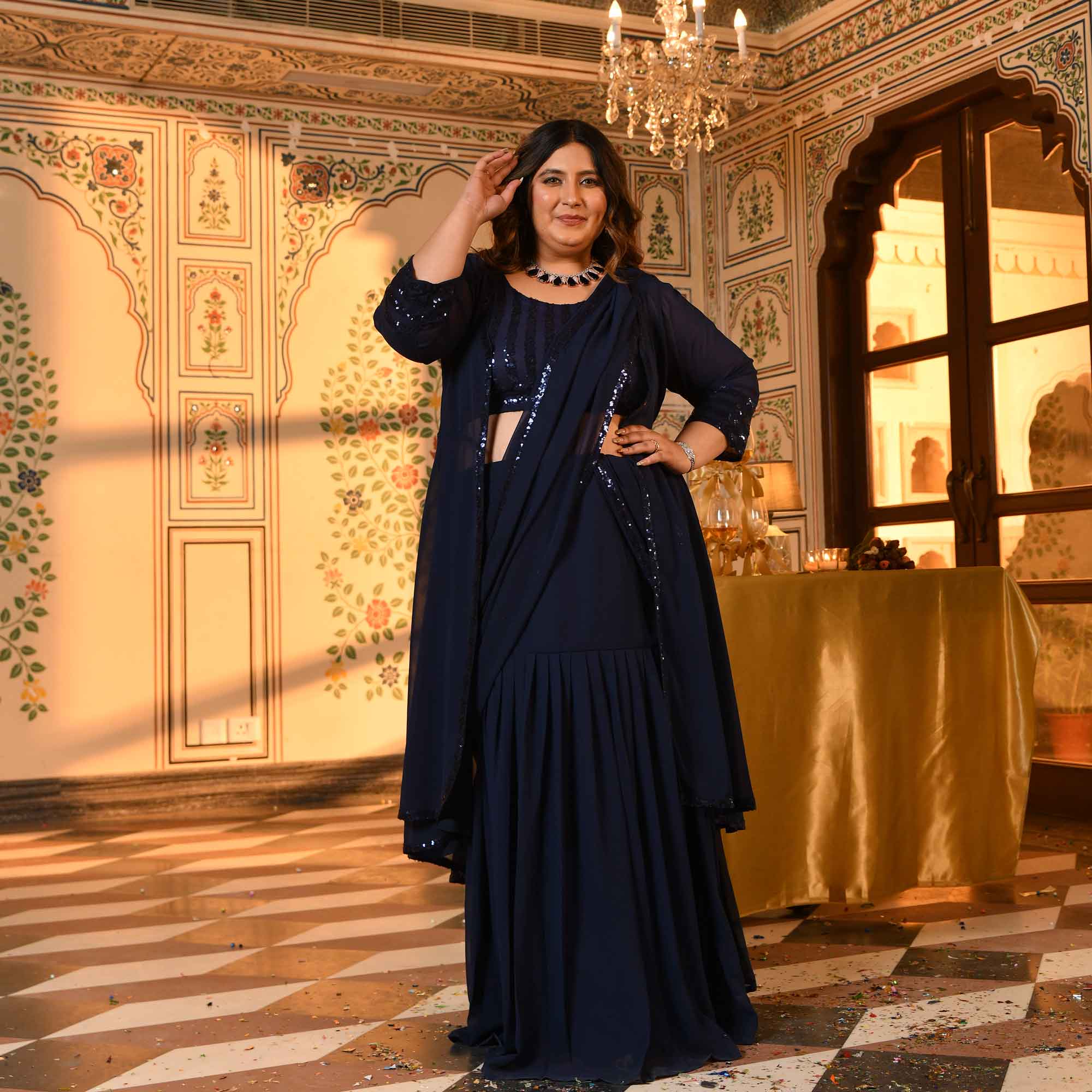 Martini- Navy Blue Sequin Embellished Drape Saree Set with Cape - Image 10
